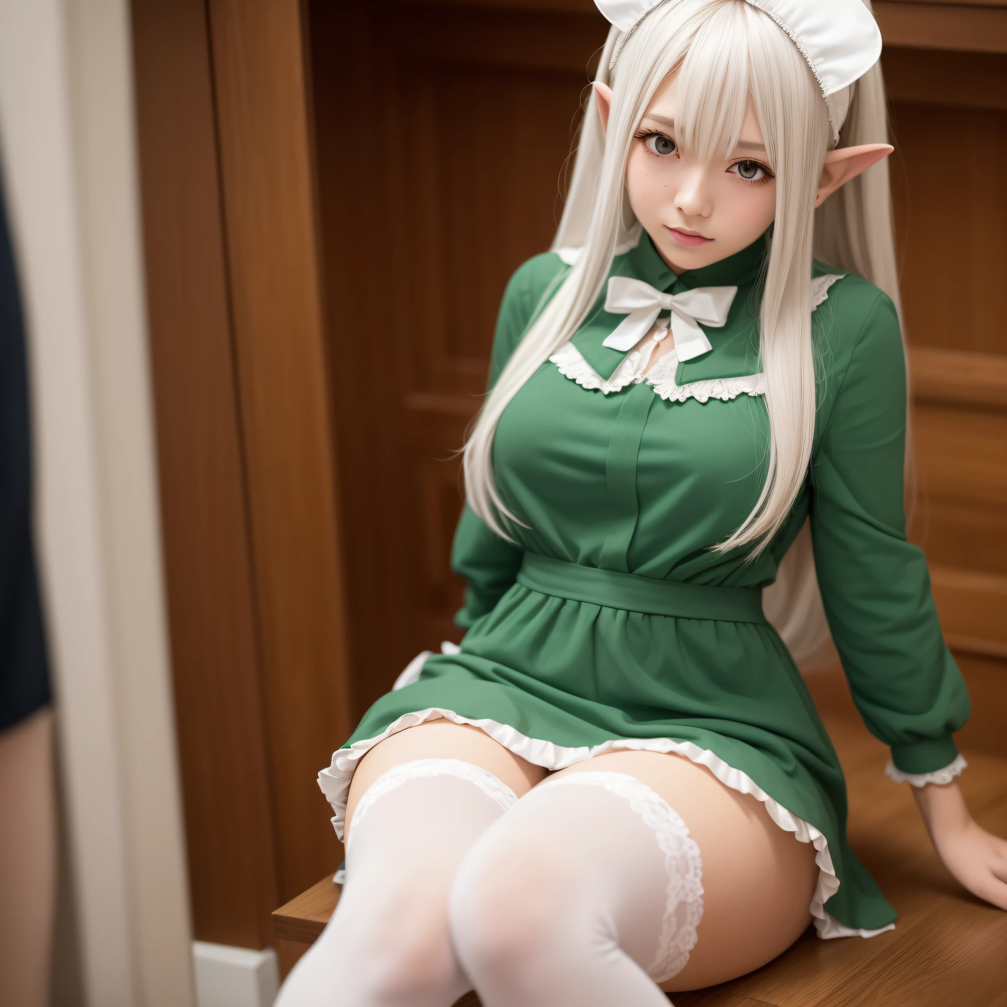 Close-up of a woman dressed in green, , dress,Anime girl cosplay, Anime cosplay, , , , anime girl in a maid costume, cosplay, cosplay foto, Maid outfit, white color hair,white stockings,adolable,elvish ears --auto