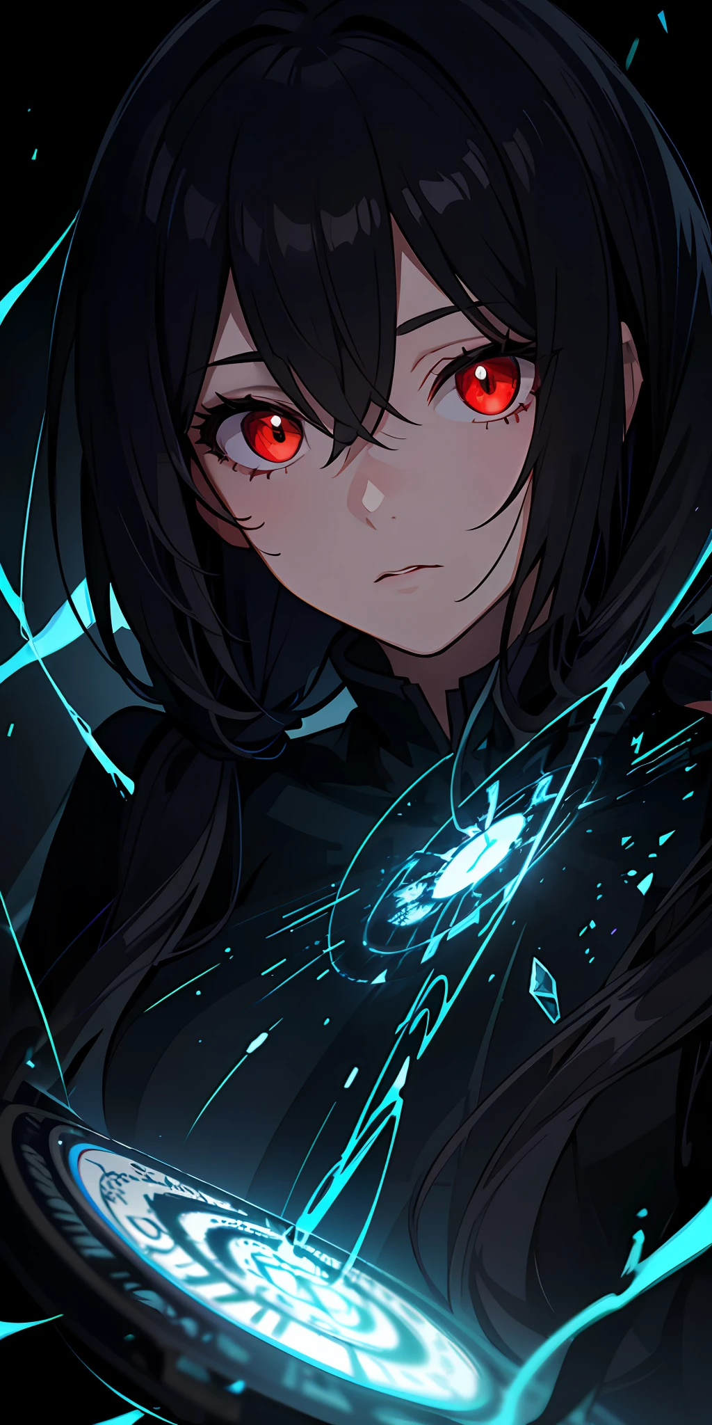 (masterpiece, best quality, ultra-detailed, best shadow), (detailed background,dark fantasy), (beautiful detailed face), high contrast, (best illumination, an extremely delicate and beautiful), ((cinematic light)), colorful, hyper detail, dramatic light, intricate details, (1girl, solo,black hair, sharp face,low twintails,red eyes, hair between eyes,dynamic angle), blood splatter, swirling black light around the character, depth of field,black light particles,(broken glass),magic circle,