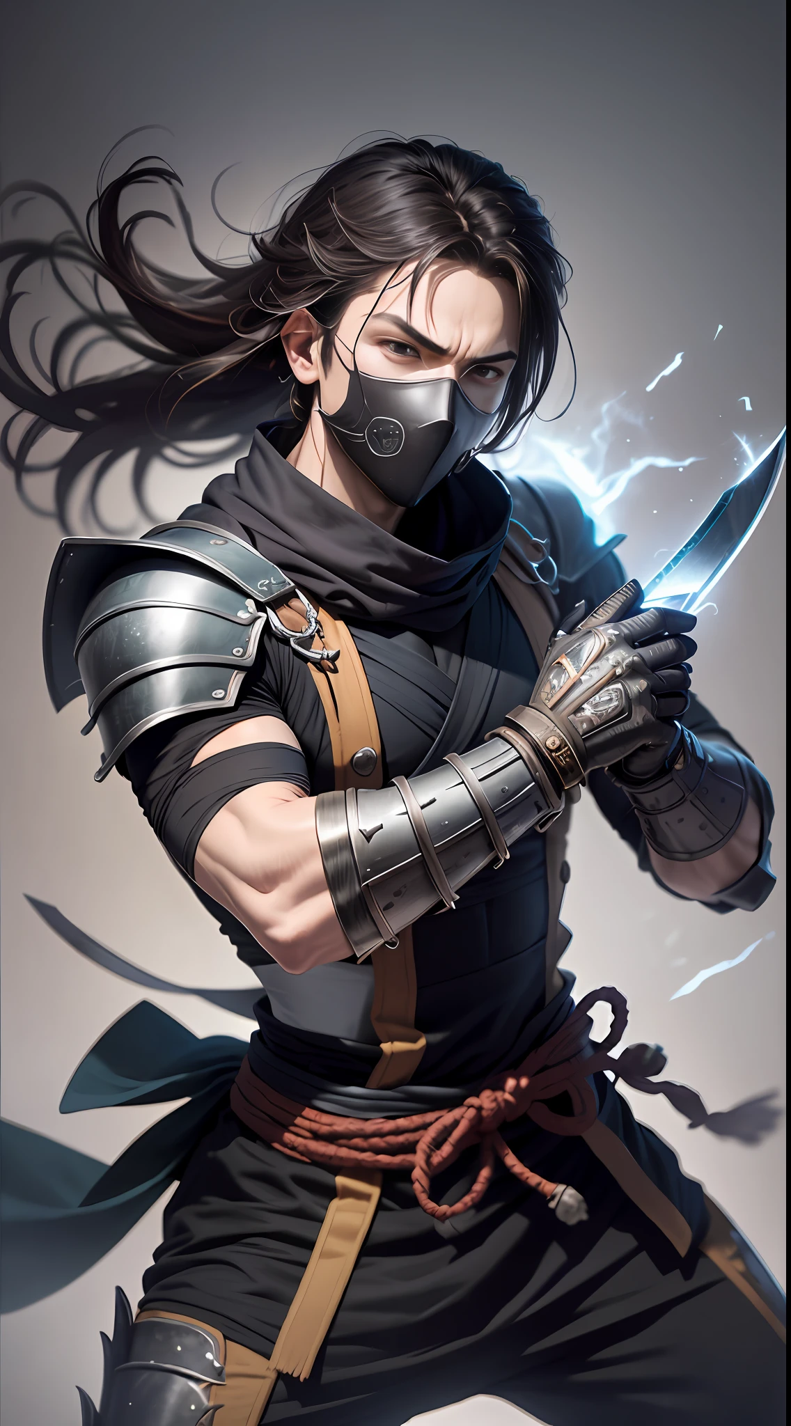 "homem, best quality, altamente detalhado, Dynamic composite image of a brave ninja holding a sword in both hands, cercado por sombras intensas e reflexos brilhantes, Adotando uma postura poderosa e graciosa, with an impressive level of detail and textures, perfect for a dramatic and action-packed scene -[pt: ninja com espada tanto:1.5]"