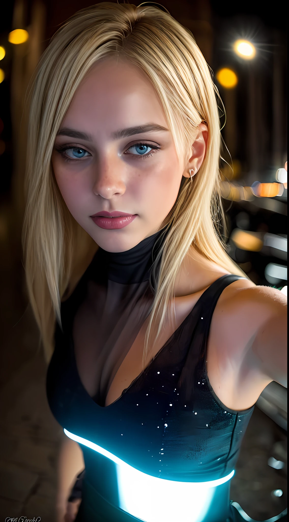 ((Masterpiece, selfie shot, desde arriba: 1.4)), ((toma de cuerpo completo, mejor calidad, HQ, 4K)), professional Dslr RAW uhd photography of an amazing beautiful blonde 24 years old ((mujer de ojos azules)) walking down a dark alleyway, breasts_b natural, fondo nocturno de la ciudad, (vestido rojo), (escote), detallado (¡Textures!, ¡hair!, brillo, color!!, imperfecciones: 1.1), (((ojos brillantes altamente detallados, ((staring at the camera)), )))specular lighting, DSLR, ultra calidad, foco nítido, Sharp tack, dof, movie grain, (centrado), Fujifilm XT3, cristalino, centro del marco, cara linda, encantadora, foco nítido, farola, neon lights, bokeh, (poco iluminado), Lowkey, por la noche, (cielo nocturno) poros detallados de la piel, piel grasa, bronceado, detalles intrincados de los ojos