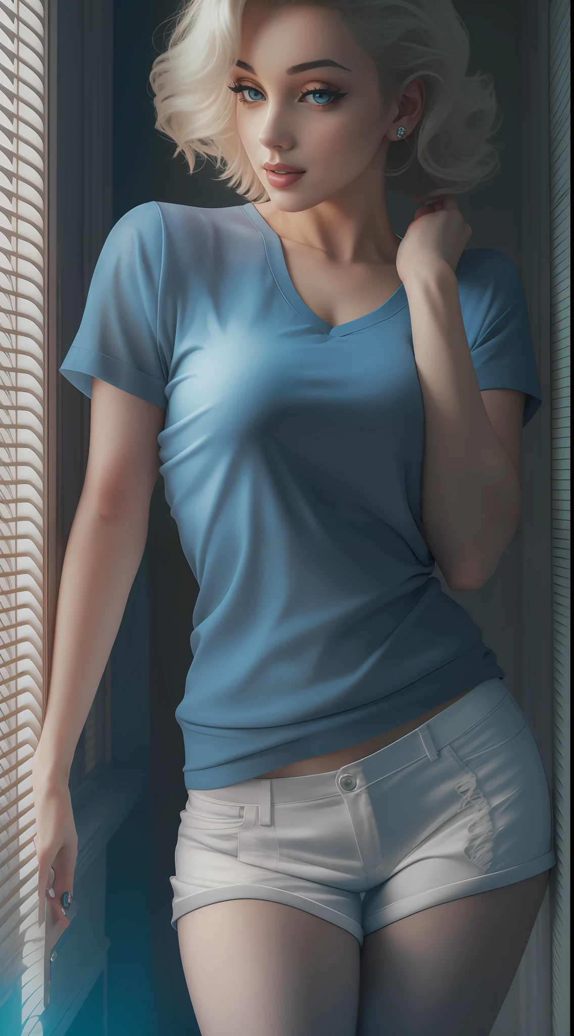 8k unit wallpaper, ultra detailed, beautiful and aesthetic, masterpiece, best quality, Marilyn Monroe in a gray top and blue shorts posing for a picture, photo of slim girl model, model with attractive body, sultry body with sexy belly, 2 4 year old female model, photo of slim girl, side lighting, detail body, big breast, 3d lighting, sexy girl, sexy pose, sexy young woman, modeling photography, very sexy pose, beautiful sexy woman photo, model photography