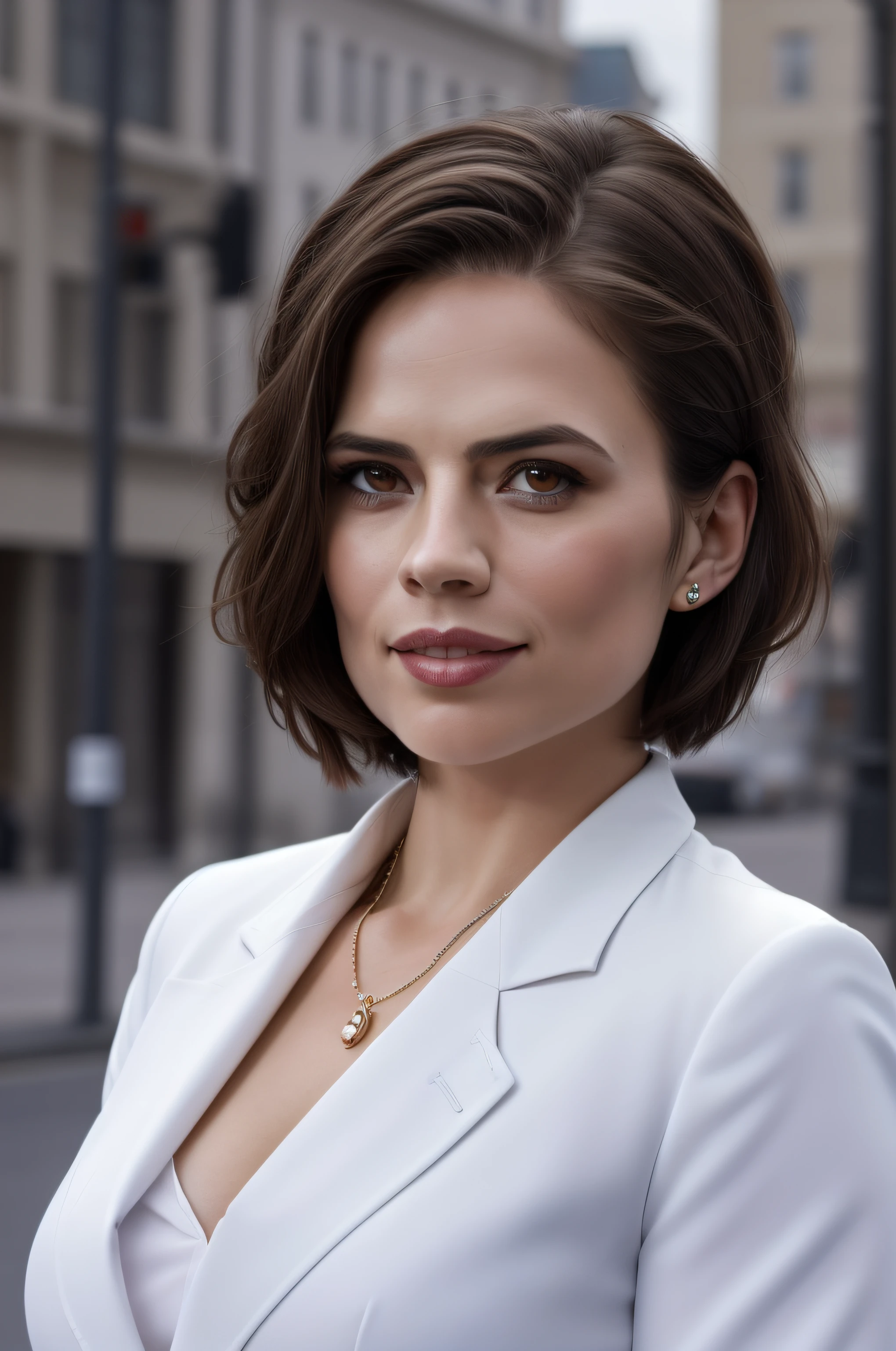Beautiful woman, Hayley Atwell, dressed in a light blue business skirt suit and white blouse, high heels, standing in a modern city square, looking directly up at the camera, (short pixie hair), detailed eyes, (detailed realistic face), blush, confident smile, highly detailed, modelshoot style, (extremely detailed CG unity 8k wallpaper), (camera far away::1.4), photo of the most beautiful artwork in the world, fashion top model, Victoria's Secret, trending on ArtStation, trending on CGSociety, Intricate, High Detail, Sharp focus, dramatic, photorealistic painting art by midjourney, strong sunlight