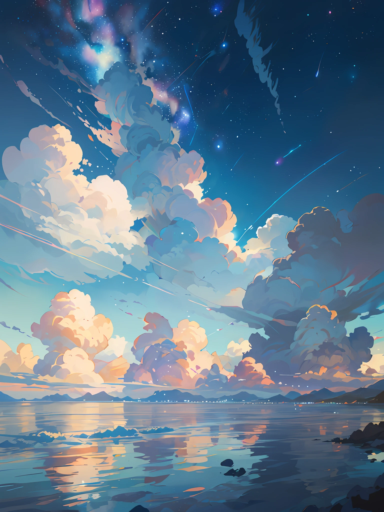 There is a picture of the sky with clouds and stars, space sky. By Makoto Shinkai, Anime Sky, Anime Clouds, Blue Sea. Makoto Shinkai, Makoto Shinkai's style, Makoto Shinkai's style, Los Tran. Inspired by the scenic background, Makoto Shinkai, Makoto Shinkai. - H 2160, summer, Makoto Shinkai concept art, tumblr, magical realism, beautiful anime scene, beautiful sky. Makoto Shinkai, ((新海誠)), anime background art, anime background, Makoto Shinkai's style, anime movie background, galaxy express, no human