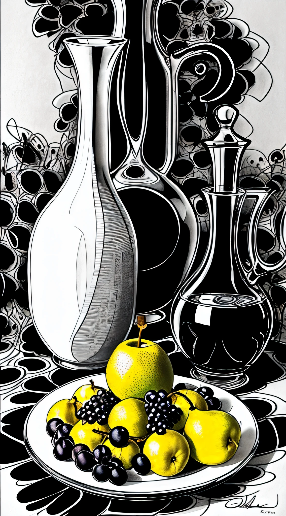 Abstract (black and white) crosshatch drawing of a plate with grapes and pears, and a carafe of water on the side, masterpiece, ultra-high resolution, in the style of Salvador Dalí