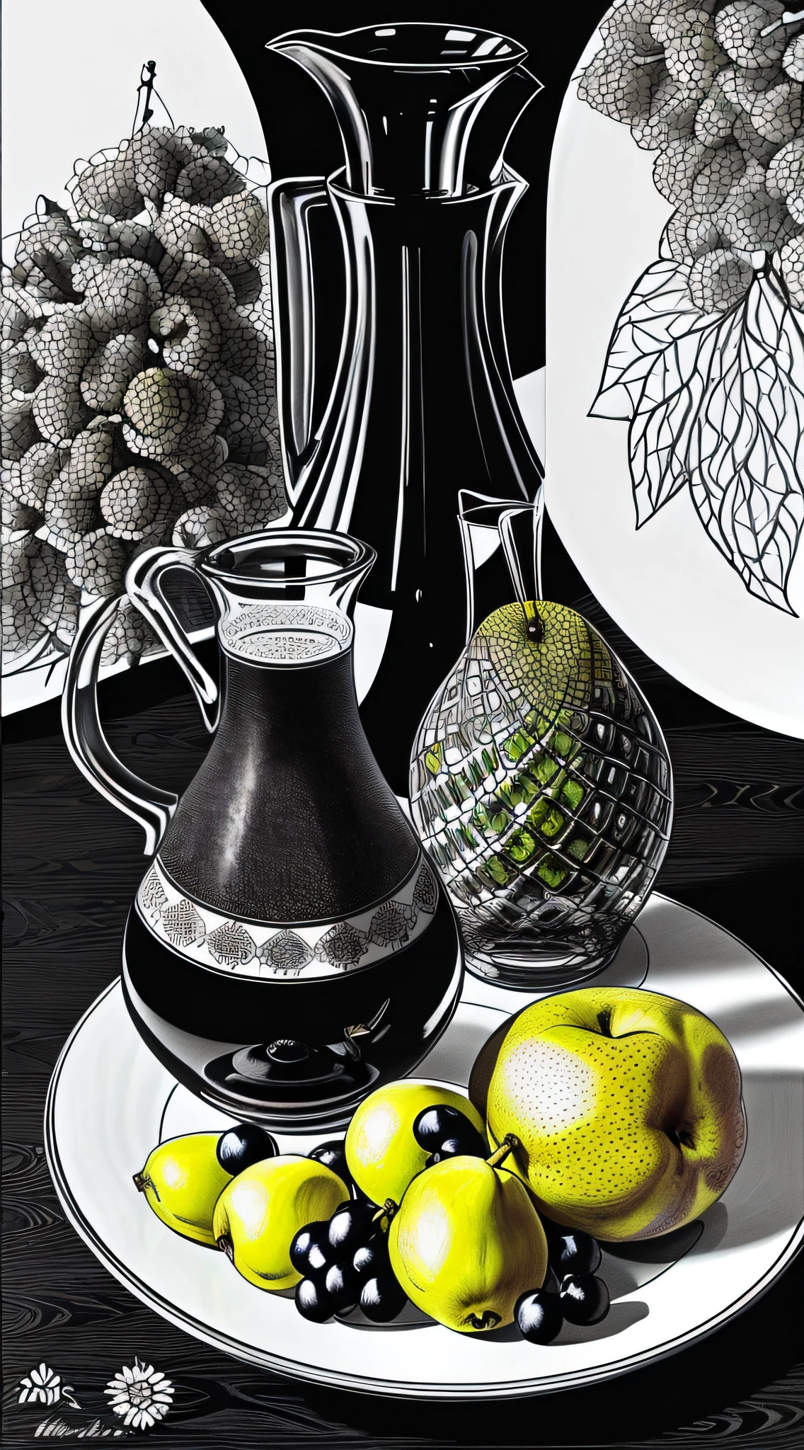 Abstract (black and white) crosshatch drawing of a plate with grapes and pears, and a carafe of water on the side, masterpiece, ultra-high resolution, in the style of Salvador Dalí