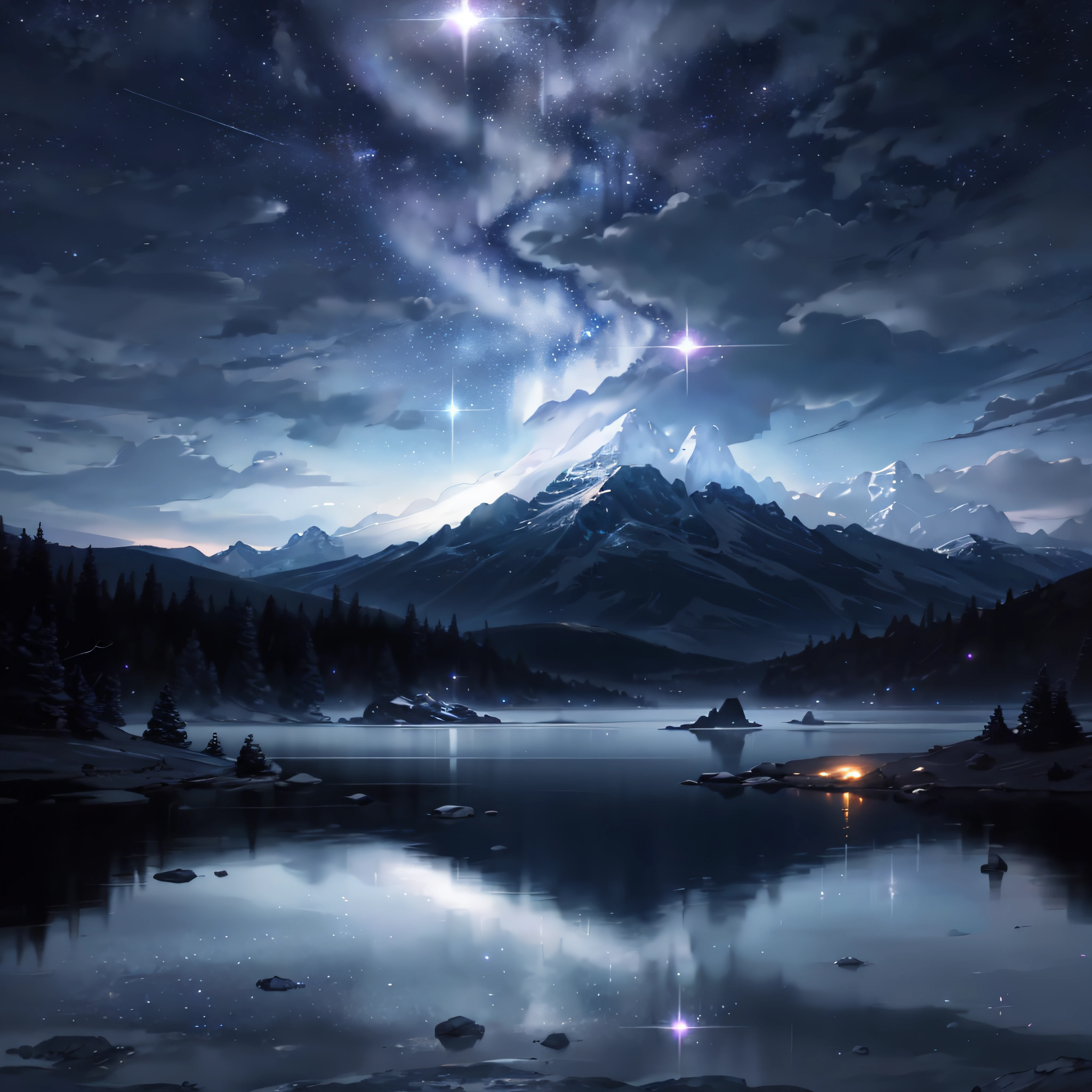 Starry Sky with Mountains and Lake, Jessica Rossier, Inspired by Jessica Rossier, Jessica Rossier Fantasy Art, Concept Art Magic Highlights, Official Artwork, Dream Painting, Ethereal Realm, Atmospheric artwork, dreamy matte paintings, serene endless stars inspired by Ted Nasmith, moonlit starry environments, epic music album covers.