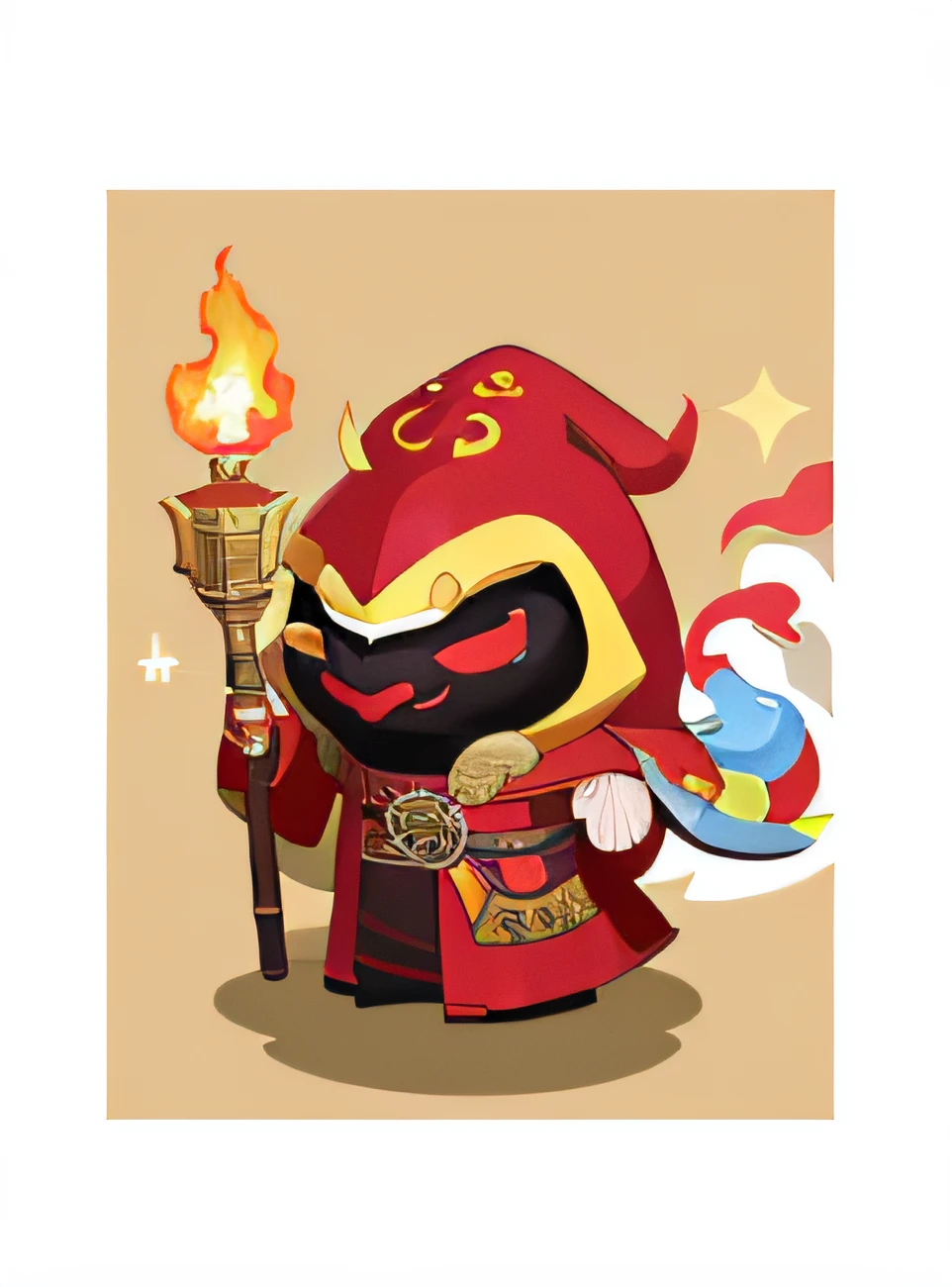 Cartoon yokai with red and yellow knights holding torches, wearing cultist red robe, mage robe based on a toucan, wearing red sorcerer's robes, desert fighter ancient mage, joe biden as a hooded arch mage, wearing red sorcerer's robes, tchibi, pyromancer, Red robes, Red demon armor, Red robe