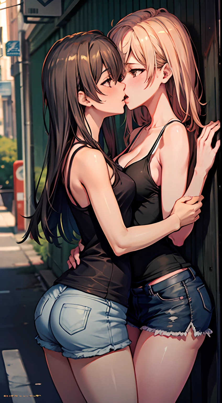 Two women having fun in a back alley, lewd: 1,2, hentai: 1,2, NSFW: 1,2, lesbian micah: 1,2, grabbing each other's ass, kissing, blushing, wet sleeveless t-shirt, shorts, anatomically correct