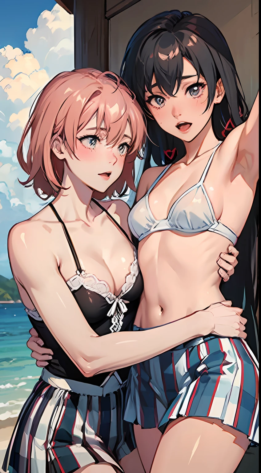 2 women having fun, lascivious:1,2, hentai:1,2, NSFW:1,2, lesbian yuri:1,2, blush, wear regattas and skirts, hot summer day, small breasts, perfect anatomy, one girls is tickling the other, armpit