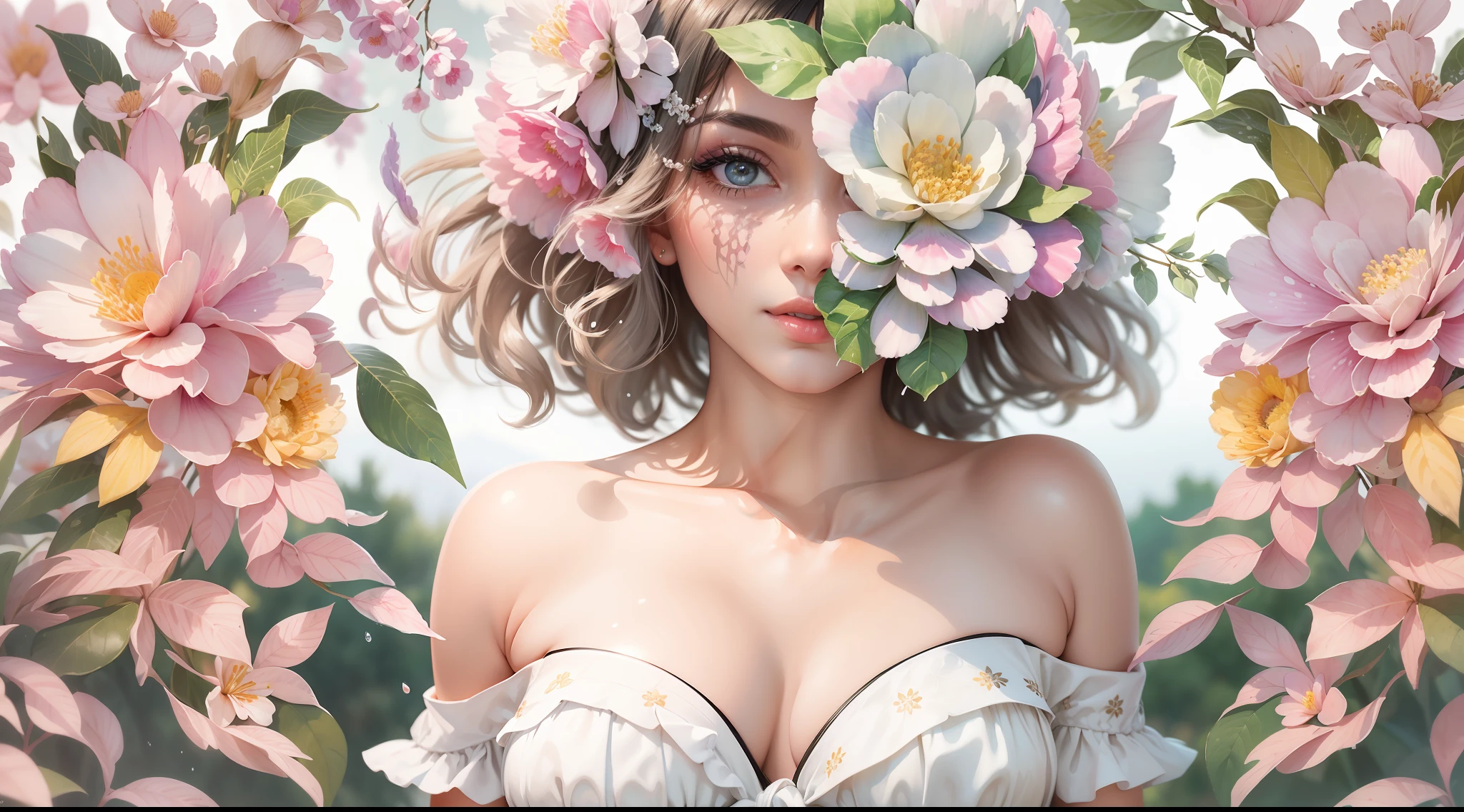 Marilyn Monroe stechu,(white background:1.4), off shoulder, ((tachi-e)), original,(illustration:1.1),(best quality),(masterpiece:1.1),(extremely detailed CG unity 8k wallpaper:1.1), (colorful:0.9),(panorama shot:1.4),(solo:1.2), (ink splashing),(color splashing),((watercolor)), clear sharp focus,{ 1girl standing },,flower background,outdoors,rocks, looking at viewer, make happy expressions,soft smile,pure,beautyfull detailed face and eyes,beautyfull intricacy clothing decorative pattern details, black hair,black eyes,colorwater
