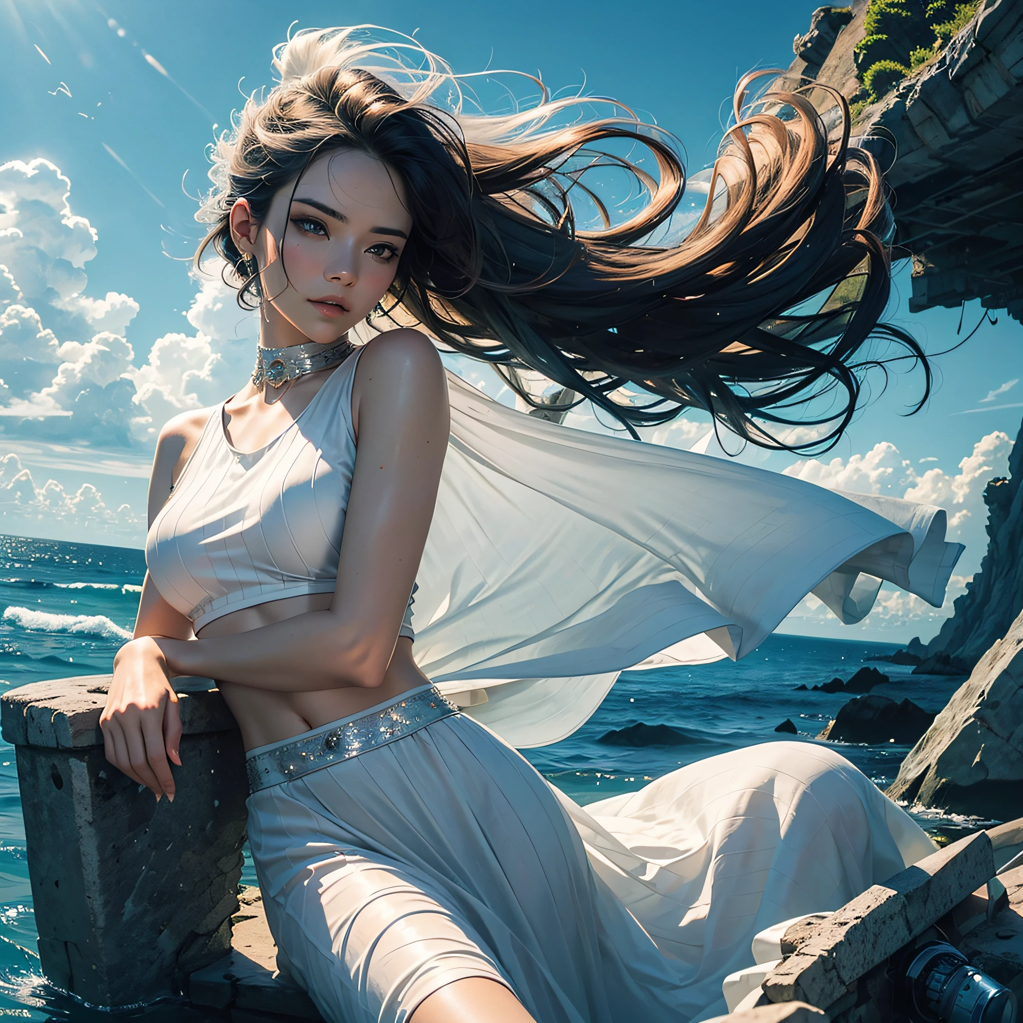 RAW,tmasterpiece,ultra fine photos,best qualtiy,超高分辨率,Photoreality,rays of sunshine,full-body portraits,stunningly beautiful,,dynamicposes,delicated face,vibrant eyes,(seen from the side),very highly detailed background,detailed face with,and the sun was shining brightly,Blue sky,untidy,opulent,Pure desire,milkyW,Highly detailed skin,Realistic details of skin,Visible Pore,tack sharp focus,volume fog,8k uhd,digital SLR camera,high qulity,filmgrain,White skin of the,photo-realism,lomography,Sitting by the sea , Wear a long skirt, semi transparent --auto