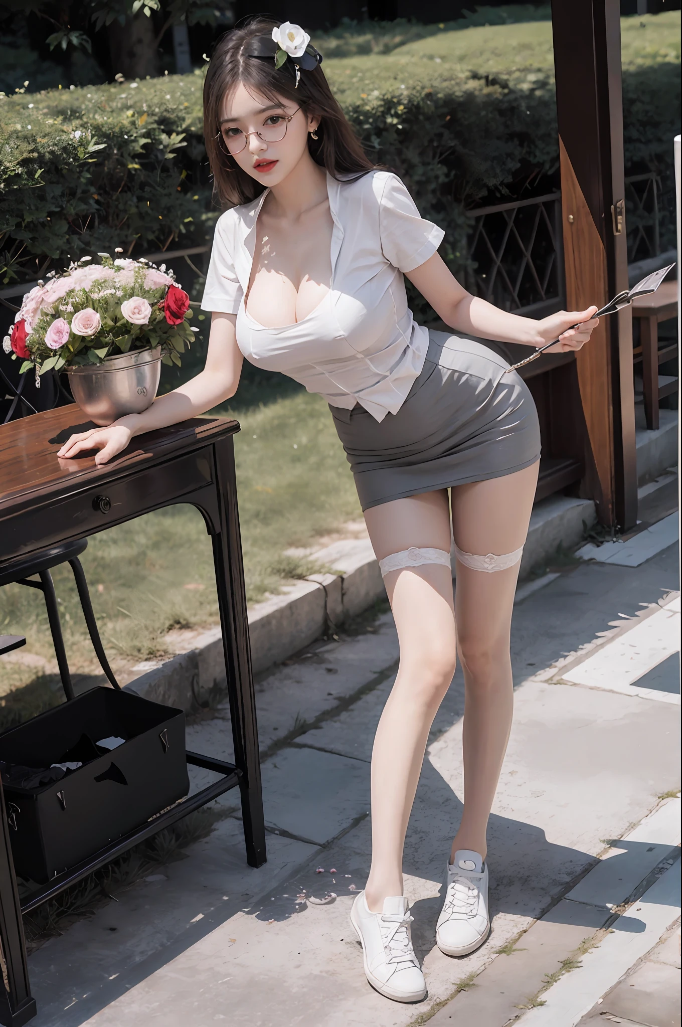 Gorgeous girl（（tmasterpiece）），Beautuful Women，wears glasses，（（A high resolution）），（（best qualtiy）），A detailed，breasts focus，angle of view，cinmatic lighting，perfectly shaded，realistic lighting shaded， mediating_Breasts， rosette， Red_flower，Hair_flower，huge tit，Bigchest，crisp breasts，Skinny white T-shirt，Low-cut white T-shirt，Gray pleated skirt，The shirt，low chest，black lence stockings，Black socks，White sneakers，Redlip，Wear earrings，Rejoice，ssmile，Under the trees，Full body like，full bodyesbian，standing on your feet，Flowers in hand，slightly fat big breasts，Full-figured