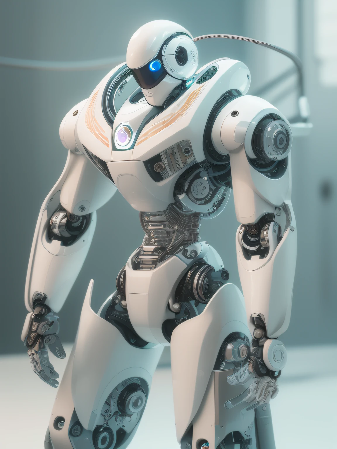 Intelligent bionic robot, male people, cyborg robot parts, Cable Electrical Wire, micro Chip, Bright Studio, hyper photorealism, Highly detailed, Intricate details, softlighting, rim-light, rendering by octane, unreal engine 5 render, Mechanical public enemy style, 8K, Best quality, Masterpiece, Low ISO, White balance,high key lighting,Creates a soft and ethereal feel, with a shallow depth of field