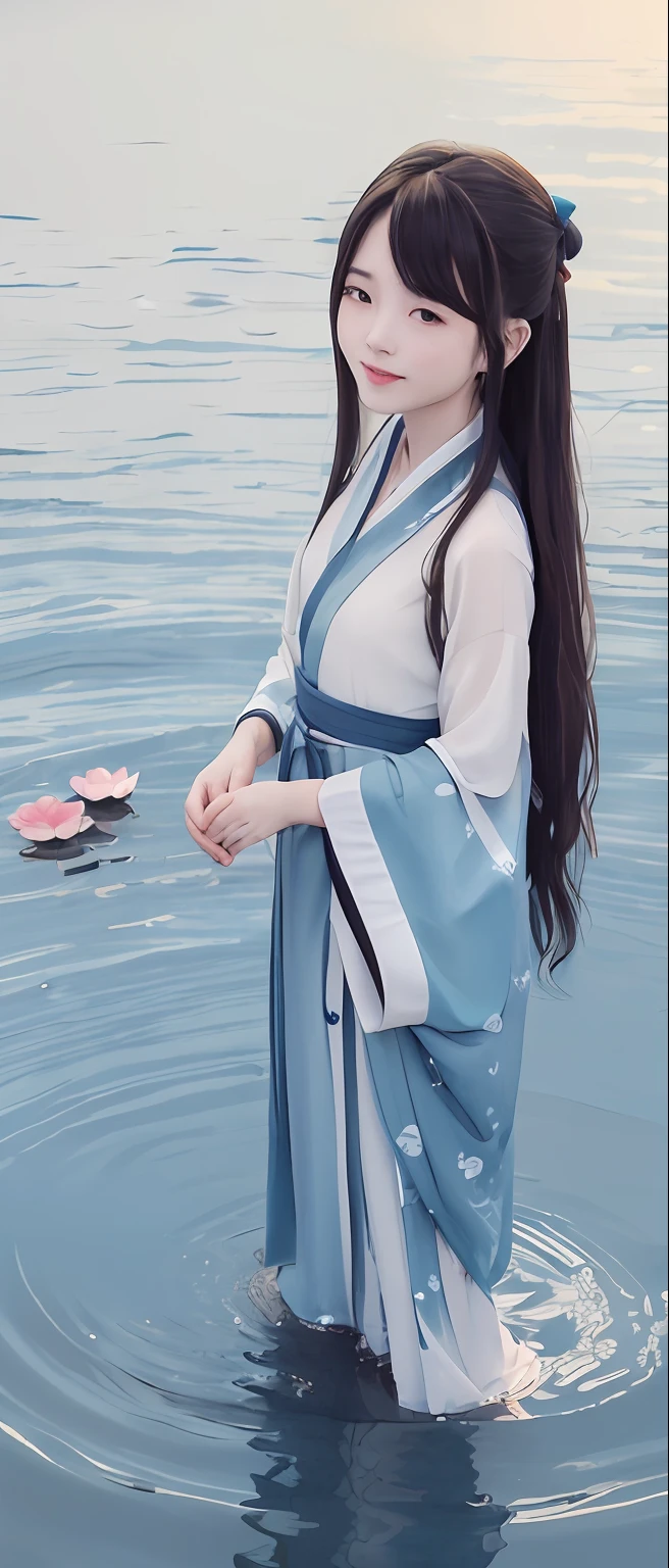 ((4k,masterpiece,best quality)), shuimobysim, traditional chinese ink painting, lotus, hanfu, maxiskit, dress conservatively 1girl, solo, long blue hair, smile, standing, feet in the water, barefoot,