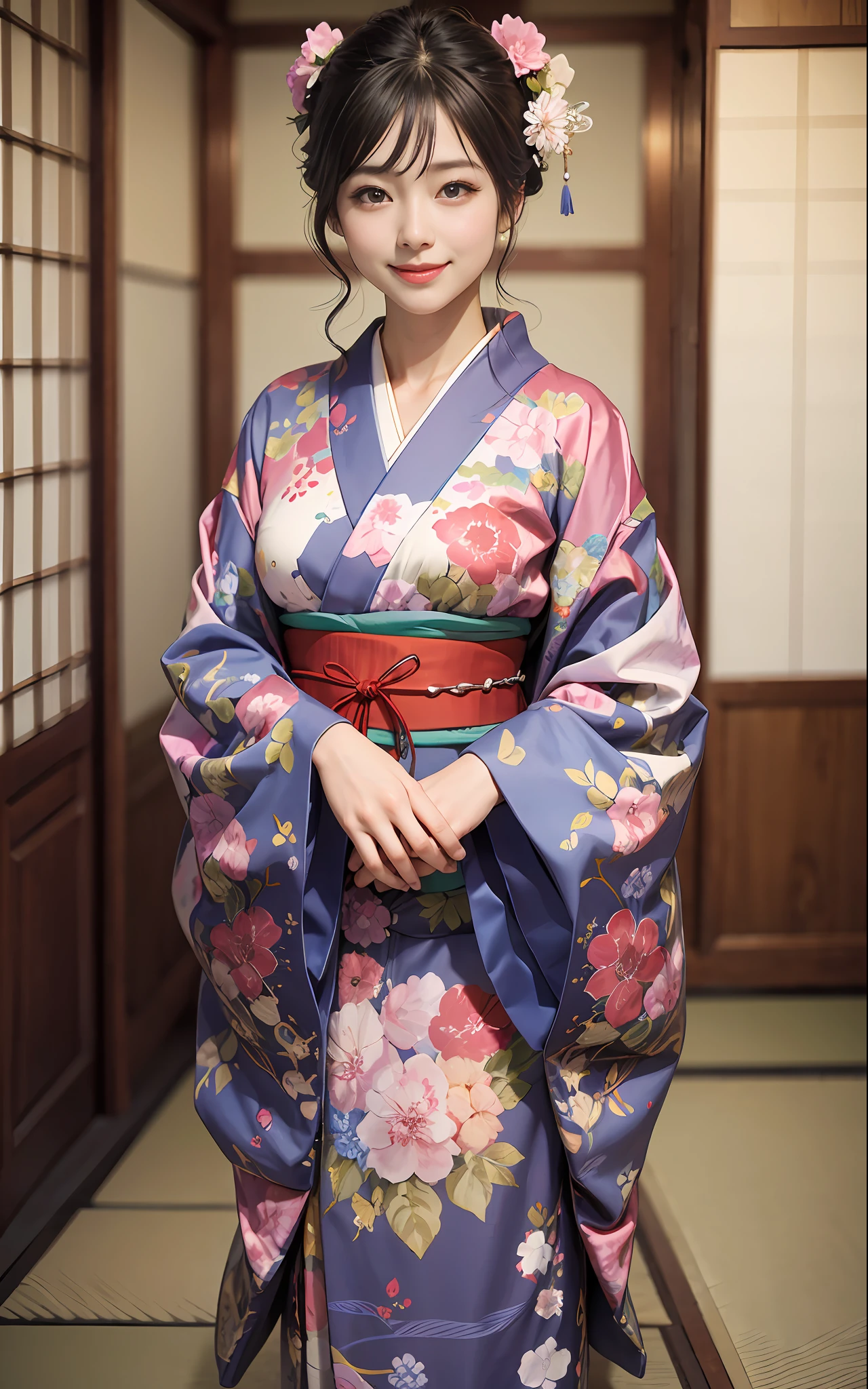 8K, top-quality, hight resolution, realisticlying, realperson, One Beautiful Girl, A smile, traditional Japanese kimono、Luxury kimono、no wrinkles at all