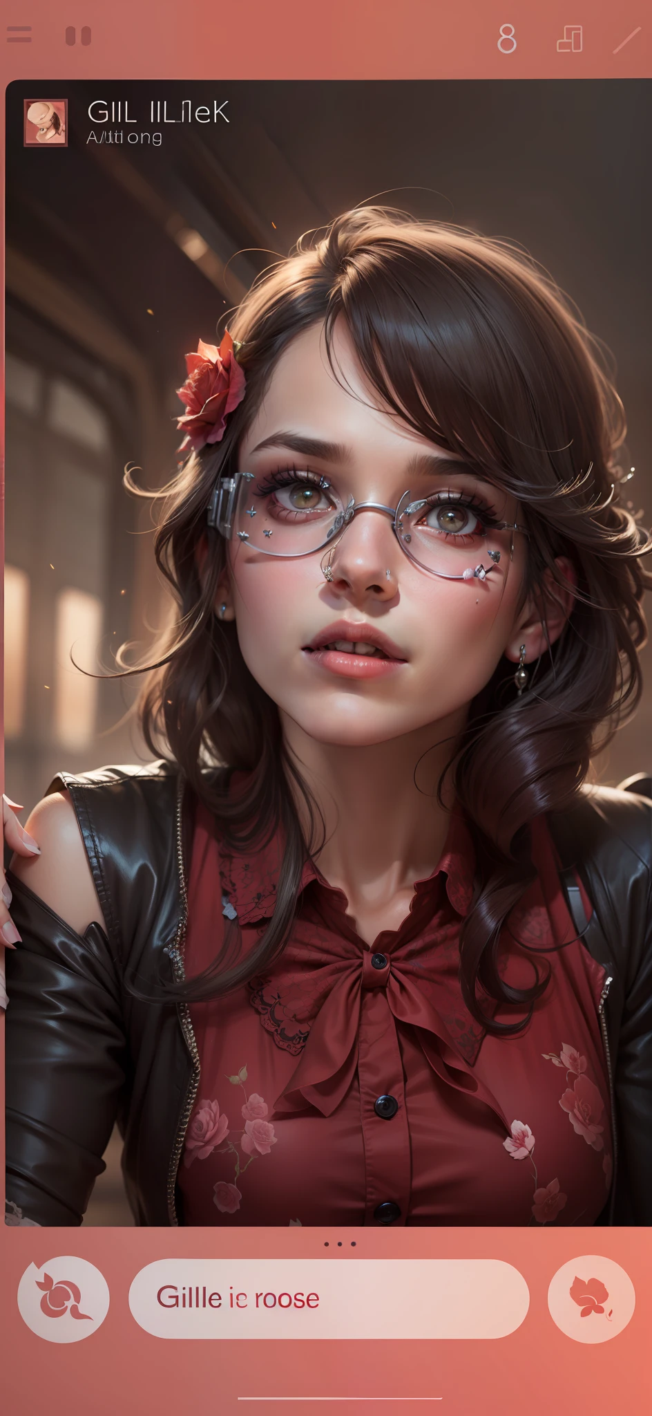 8k pic, single rose in hairs, gilltering make up, wide glittering lips, sexy face expression, realistic face, single flower in hair, sexy goggles