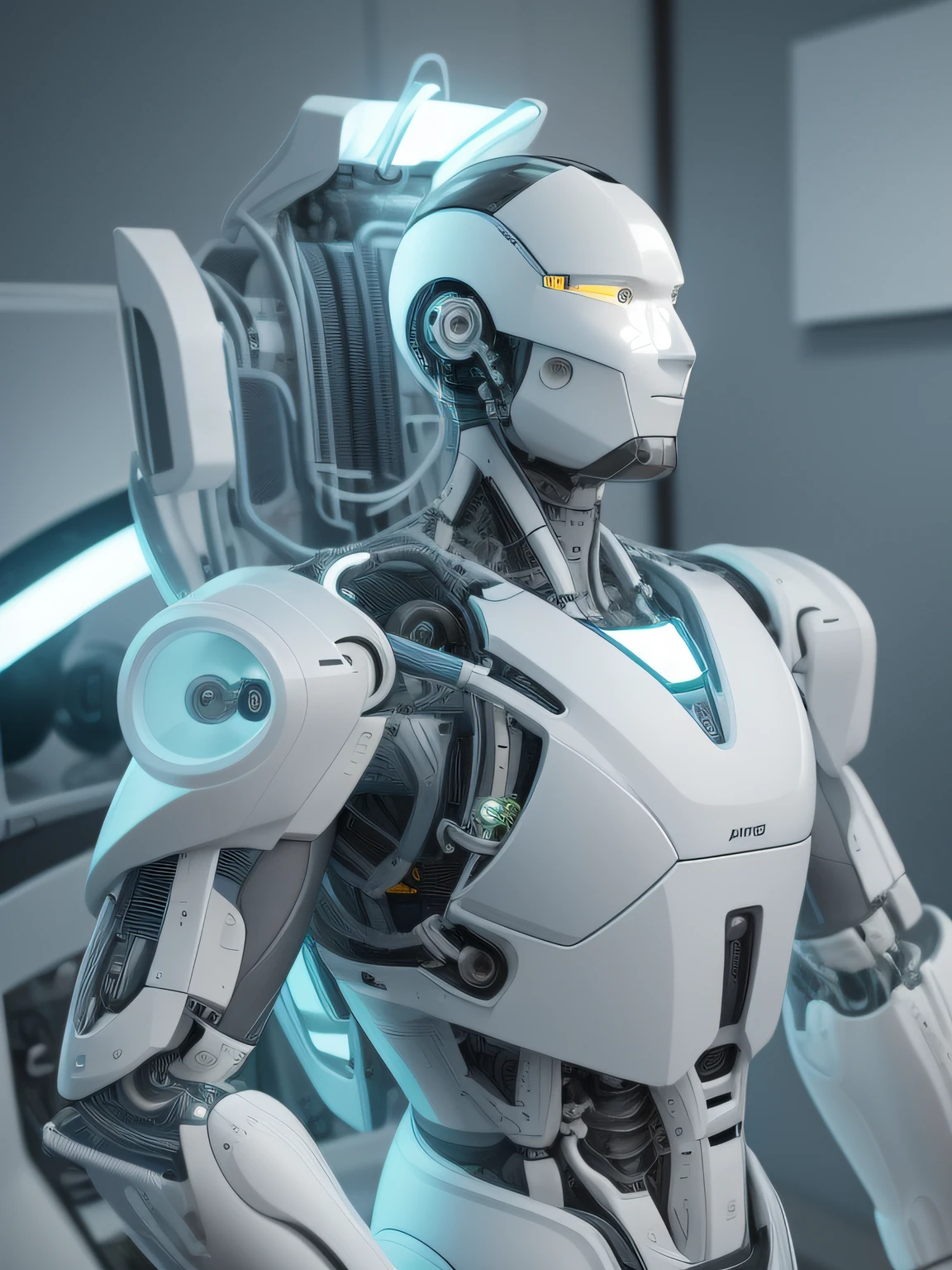 Intelligent bionic robot, male people, cyborg robot parts, Cable Electrical Wire, micro Chip, Bright Studio, hyper photorealism, Highly detailed, Intricate details, softlighting, rim-light, rendering by octane, unreal engine 5 render, Mechanical public enemy style, 8K, Best quality, Masterpiece, Low ISO, White balance,high key lighting,Creates a soft and ethereal feel, with a shallow depth of field