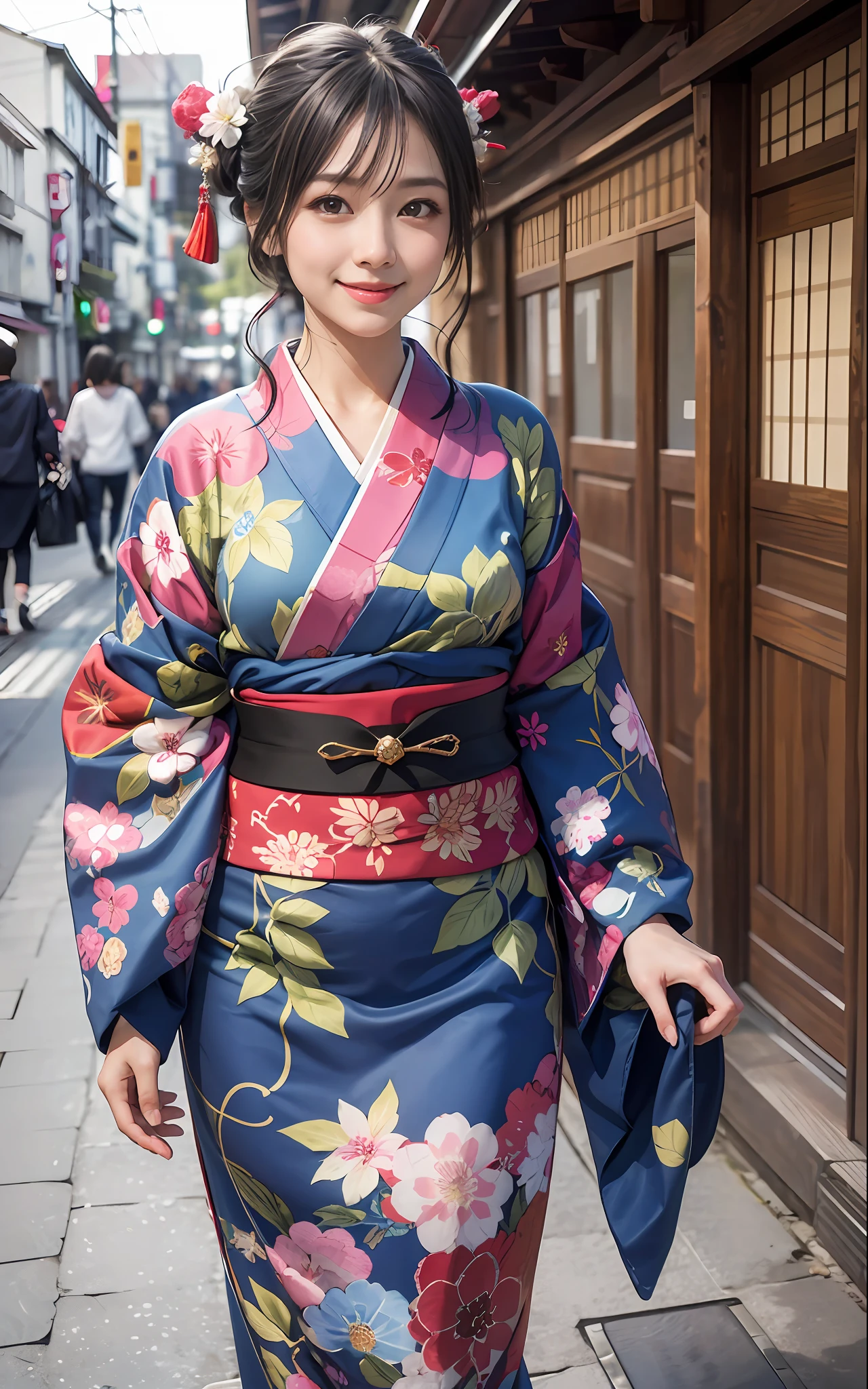 in 8K, top-quality, hight resolution, realisticlying, realperson, One Beautiful Girl,  a smile, traditional Japanese kimono、Luxury kimono、no wrinkles at all