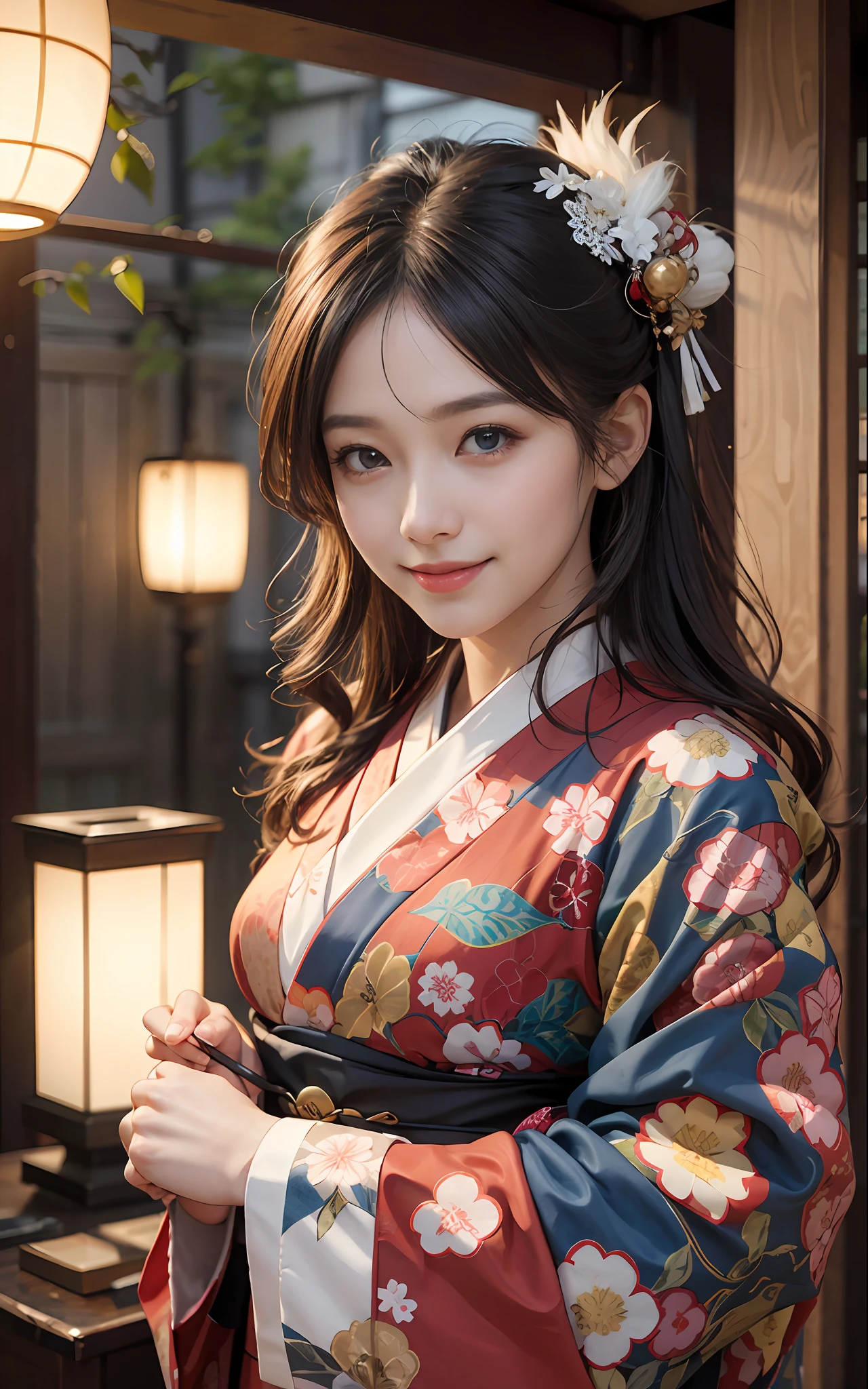 in 8K, top-quality, hight resolution, realisticlying, realperson, One Beautiful Girl,  a smile, traditional Japanese kimono、Luxury kimono、no wrinkles at all