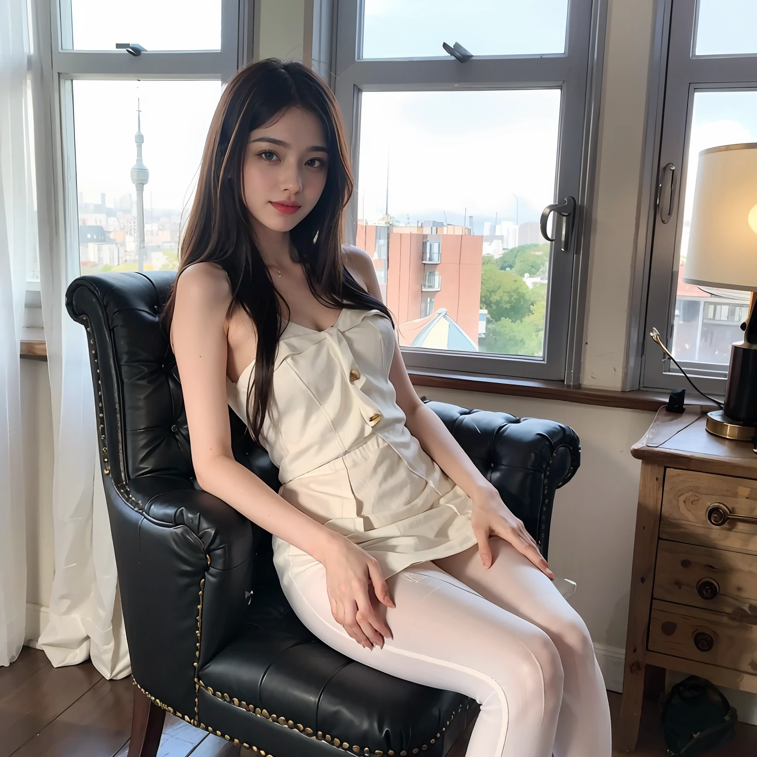 Arapi sat in a chair with a window in the room。, wearing white clothes, White stockings, shot with canon eoa 6 d mark ii, taken with canon 5d mk4, taken with canon eos 5 d mark iv, Dressed in white, Shot on Canon EOS R 6, taken with canon 8 0 d, Full length and white stockings