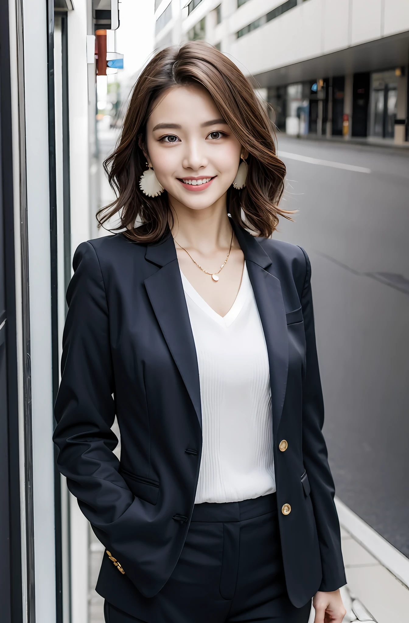 ((((medium hair, dark brown hair)))), best quality, 8K, HDR, highres, absurdres:1.2, blurry background, bokeh:1.2, Photography, (RAW photo:1.2), (photorealistic:1.4), (masterpiece:1.3), (intricate details:1.2), 1girl, solo, japanese girl, delicate, beautiful detailed, (detailed eyes), (detailed facial features), ite, (((medium breasts))), skin tight, (looking_at_viewer), from_front, (skinny), (best quality:1.4), (ultra highres:1.2), cinema light, (extreme detailed illustration), (lipgloss, best quality, ultra highres, depth of field, caustics, Broad lighting, natural shading, 85mm, f/1.4, ISO 200, 1/160s:0.75),1girl, solo, ((smile)), ((full body, long legs)), ulzzang-6500-v1.1, (((office lady))), ((((business suit)))), (((earring, necklace))), computer