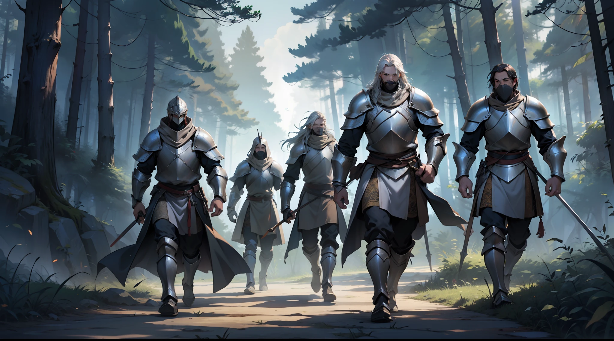Ancients,Fifteen knights in heavy armor,Three longbowmen with cover shots,Rush to the robbers in the forest,The face armor covered the faces of the knights,The atmosphere is strong