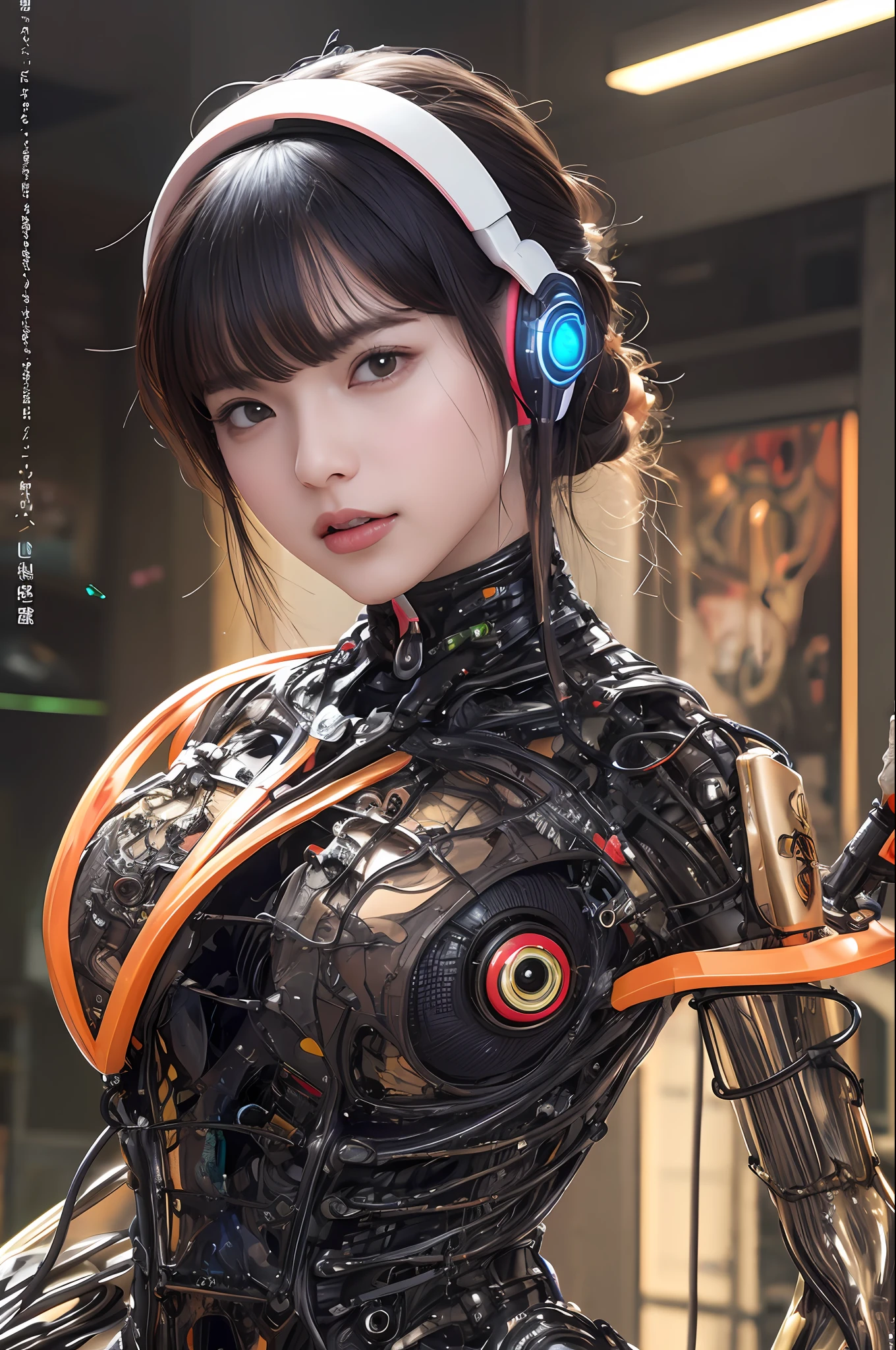 top-quality、masterpiece、超A high resolution、(Photorealsitic:1.4)、Raw photo、Black hair、glowy skin、1 Cyberpunk Girl、((super realistic details))、portlate、Global Illumination、Shadow、octan render、8K、ultrasharp、Colossal tits、Raw skin is exposed in cleavage、Biological Mecha Body、?Details of complex ornaments、Insect specifics、Biological curve form、Energy core glowing red、Energy Transfer Tube、Hydraulic cylinder、highly intricate detail、Realistic light、CGSoation Trends、a purple eye、radiant eyes、Facing the camera、neon details、blood vessels connected to tubes、Mechanical vertebrae attached to the back、mechanical cervical attaching to neck、sitting on、Lots of wires and cables connected to the back of the head、Gorgeous headset、Glowing LED lamp、The background is a steampunk room、