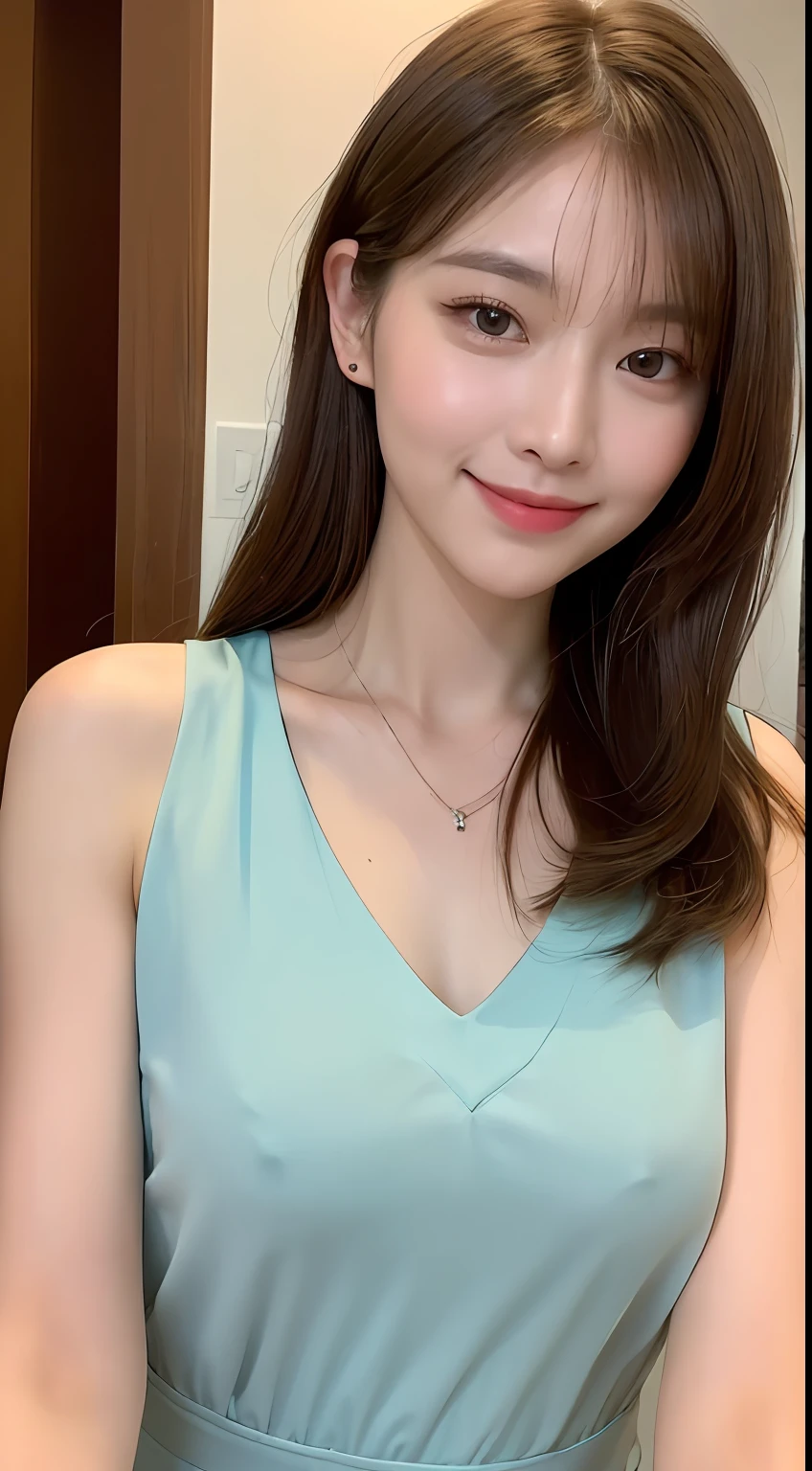 ((Best Quality, 8K, Masterpiece: 1.3)), 1 Girl, Slim Abs Beauty: 1.3, (Hairstyle Brown Hair Shortcut, Big: 1.2), Dress: 1.1, Super Slender Face, Delicate Eyes, Double Eyelids, Smile, Home, Raw Photo