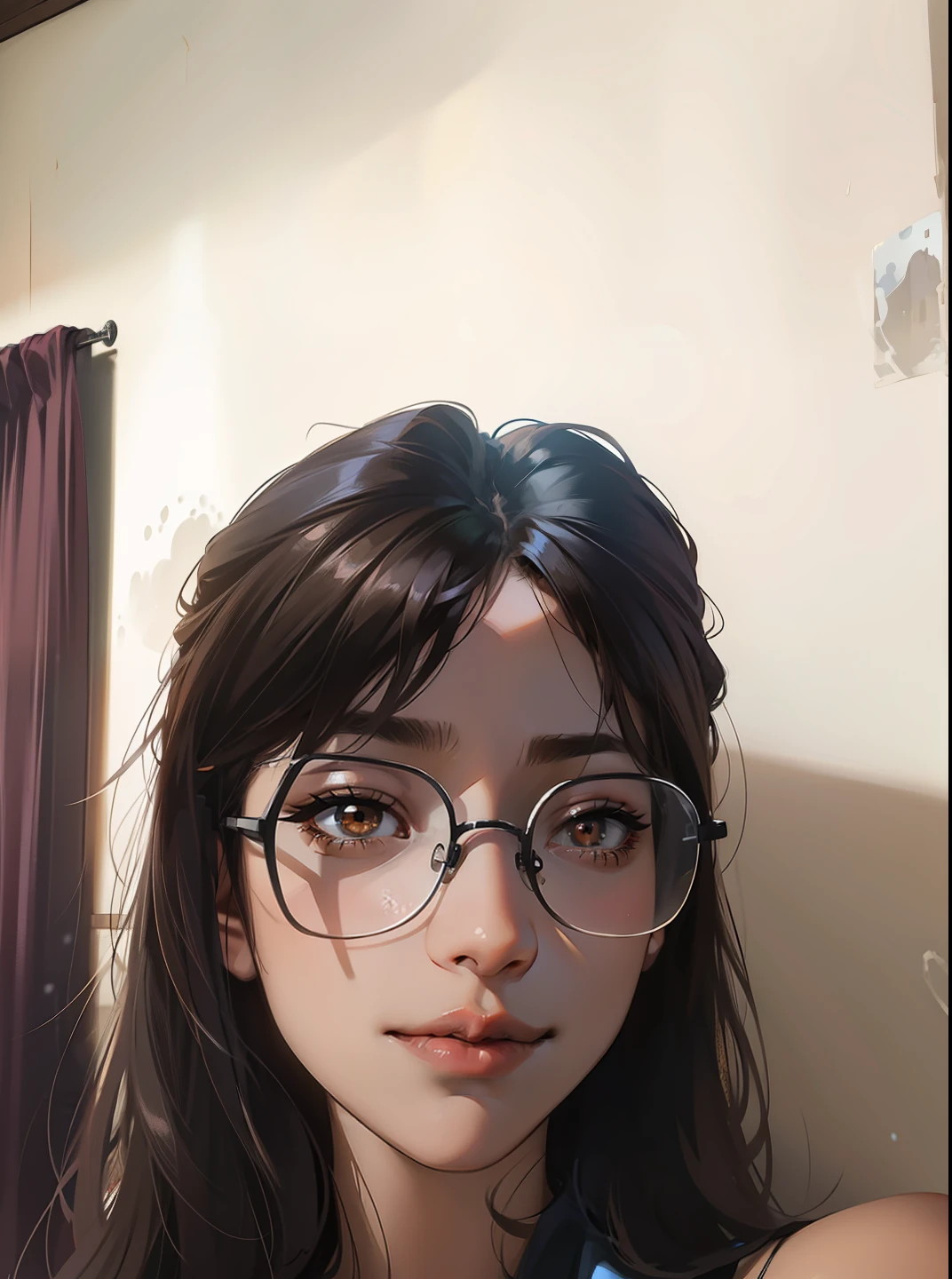 anime girl, brown skin, long hair, wavy black hair, brown eyes, seductive smirk, 18 year old, glasses