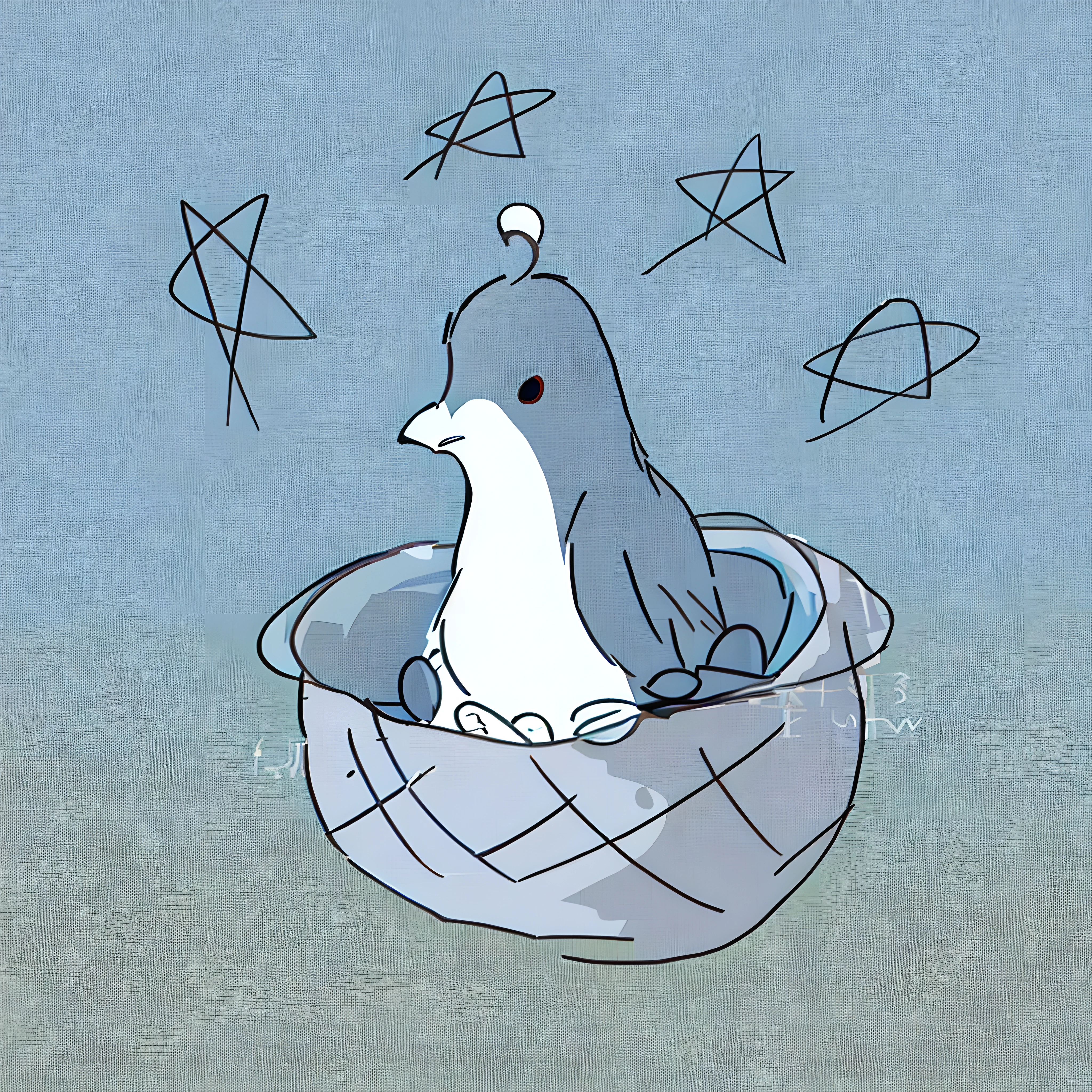 logo,pigeons,Pigeon nest,There are pigeon eggs in the nest,The night sky is dotted,Cute pigeons,Draw in line drawing。