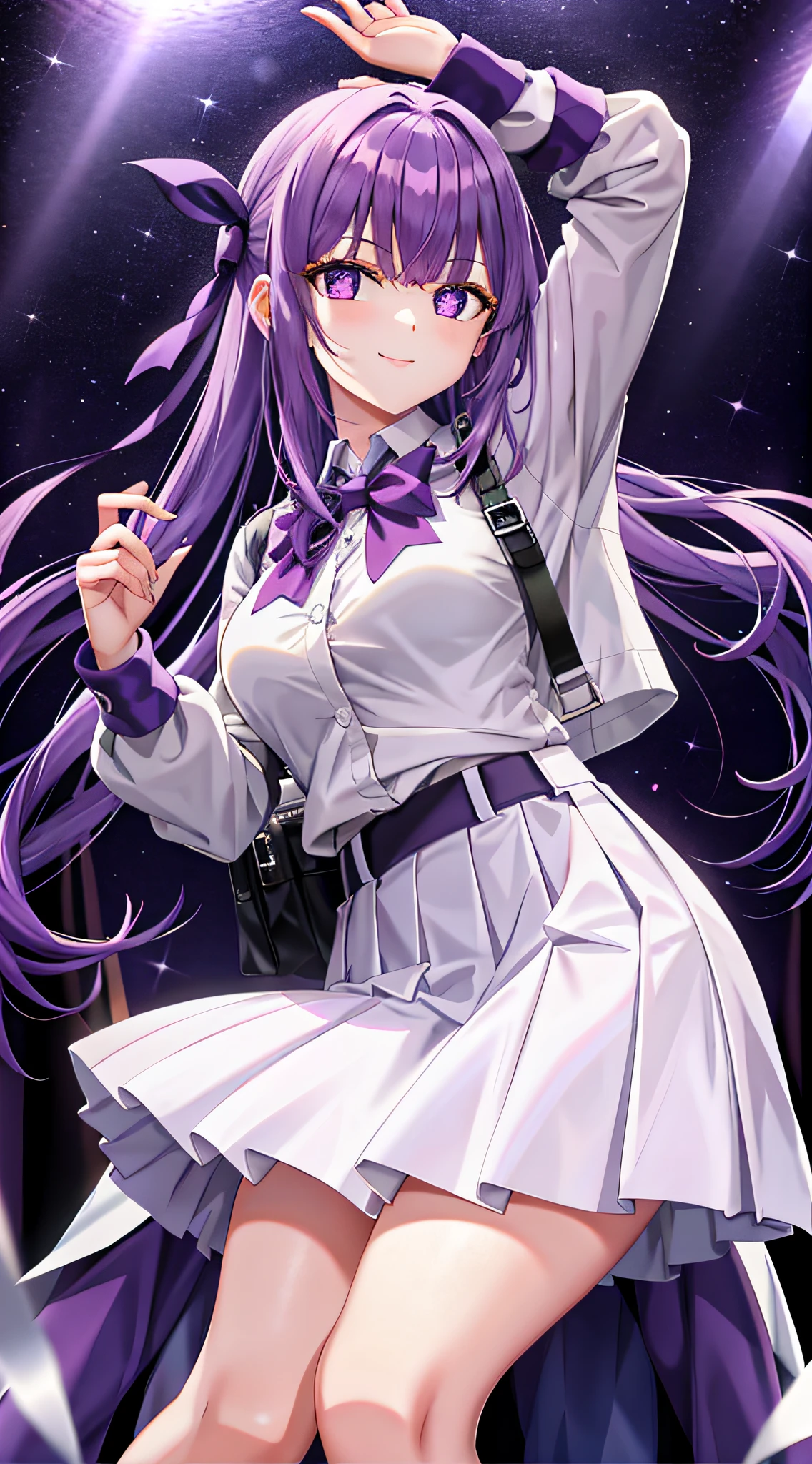 Purple colored hair，teens girl，White skirt，idoly，ssmile，Purple eye，Star pupils