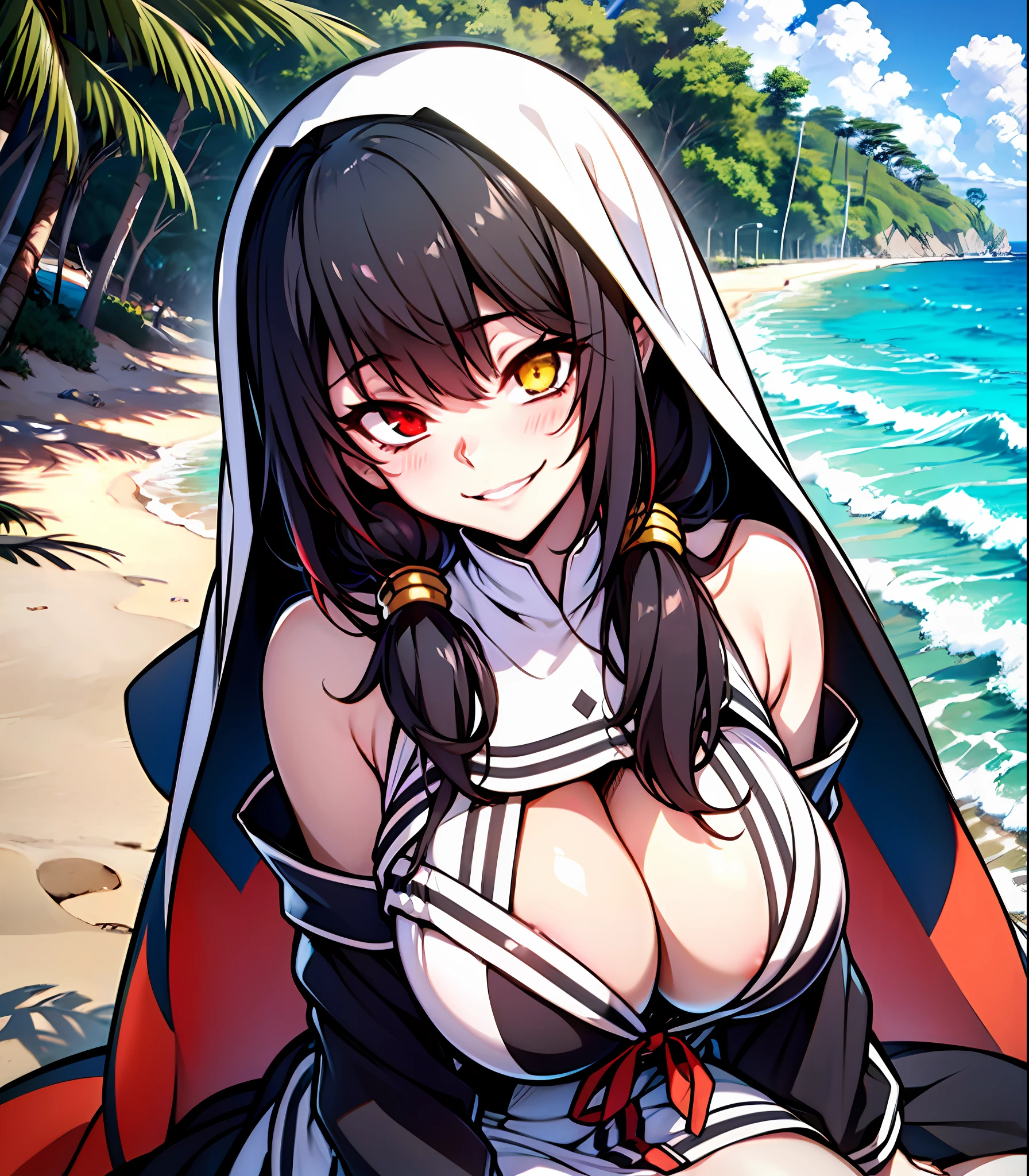 Masterpiece, high quality, ultra quality, best lighting, 1girl, ((tokisaki kurumi)), long hair, black hair, (((low twintails))), monochrome, ((right red eye:1, left yellow eye:1)), nun, ((nun cosplay)), ((big breast)), ((big thigh)), smile, blush, cute face, ((gesugao face)), sitting, sexy body, sexy, looking at viewer, large the breast, nsfw, in the beach, ((beach))