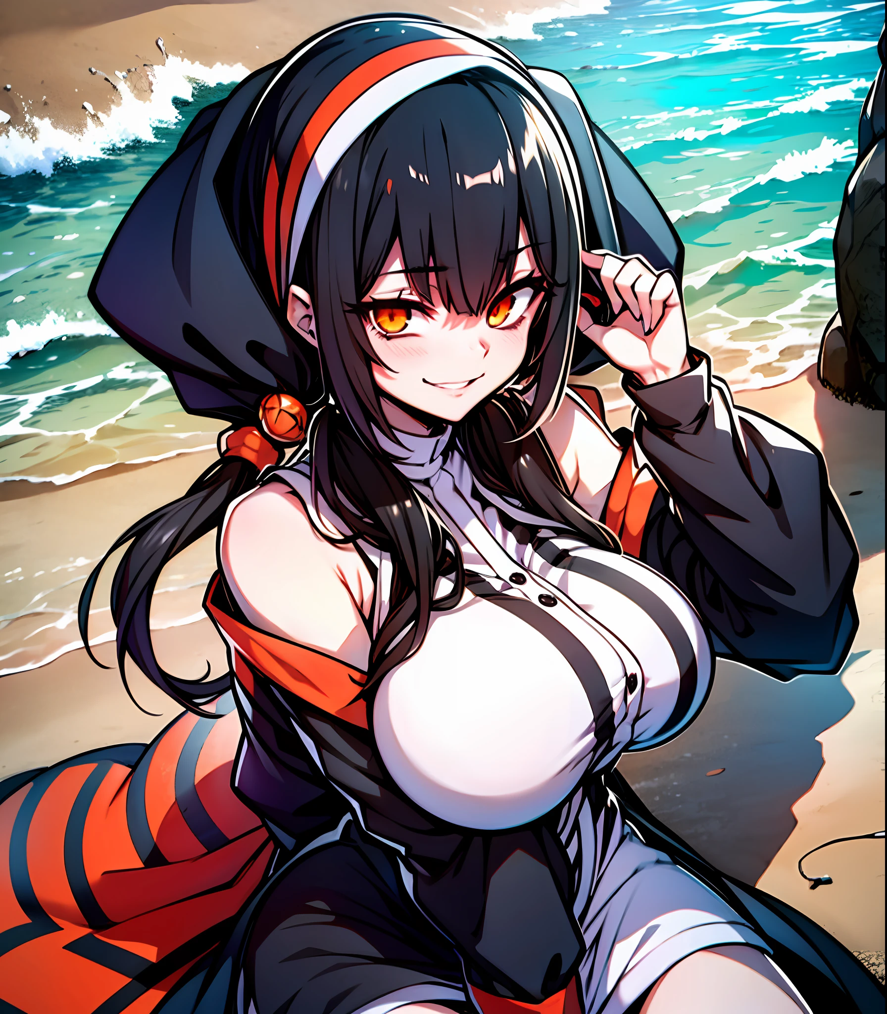 Masterpiece, high quality, ultra quality, best lighting, 1girl, ((tokisaki kurumi)), long hair, black hair, (((low twintails))), monochrome, ((right red eye:1, left yellow eye:1)), nun, ((nun cosplay)), ((big breast)), ((big thigh)), smile, blush, cute face, ((gesugao face)), sitting, sexy body, sexy, looking at viewer, large the breast, nsfw, in the beach, ((beach))