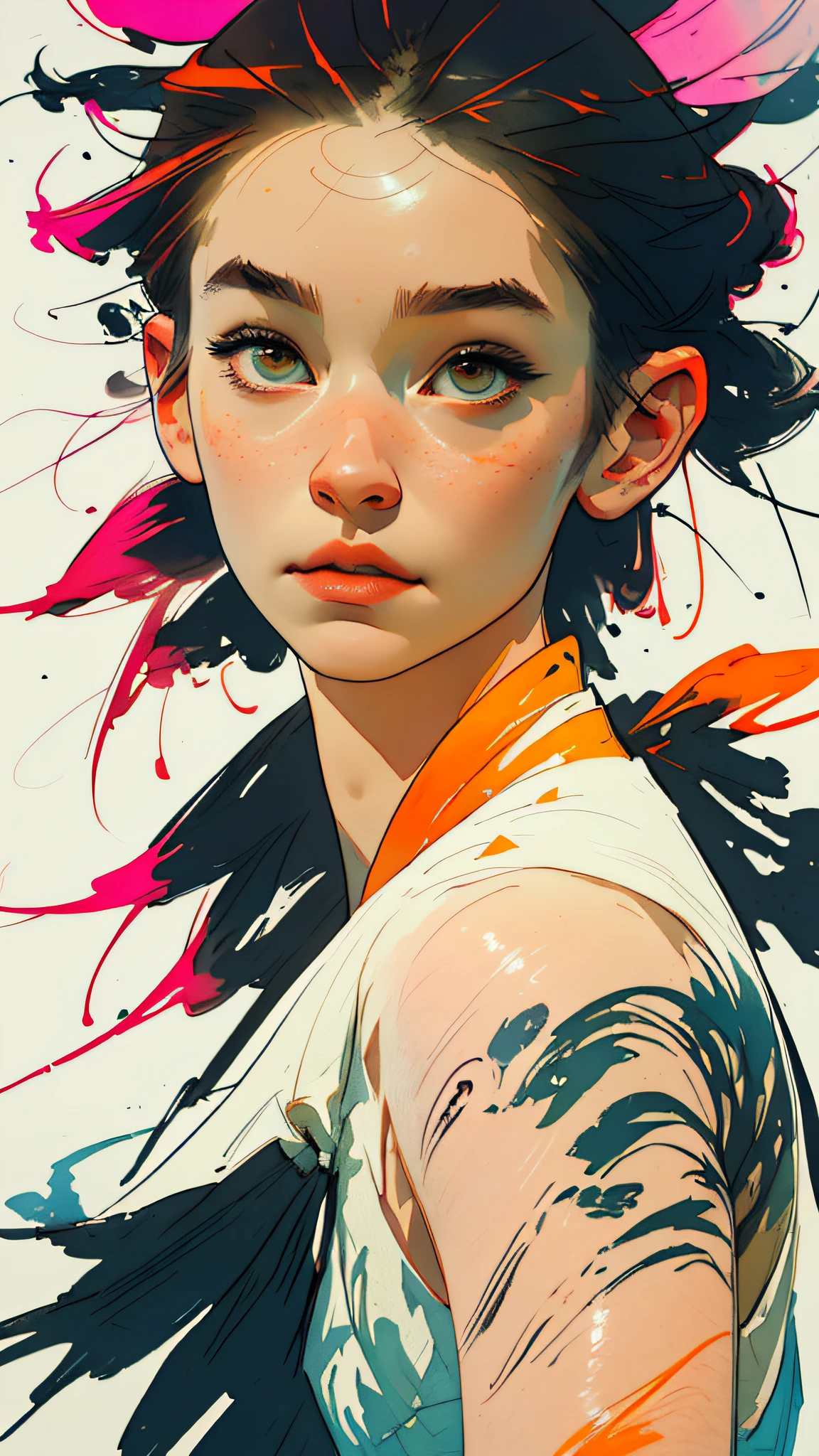 (8k, best quality, masterpiece:1.2),(best quality:1.0), (ultra highres:1.0), watercolor, a beautiful woman, shoulder, hair ribbons, by agnes cecile, half body portrait, extremely luminous bright design, pastel colors, (ink:1.3), autumn lights