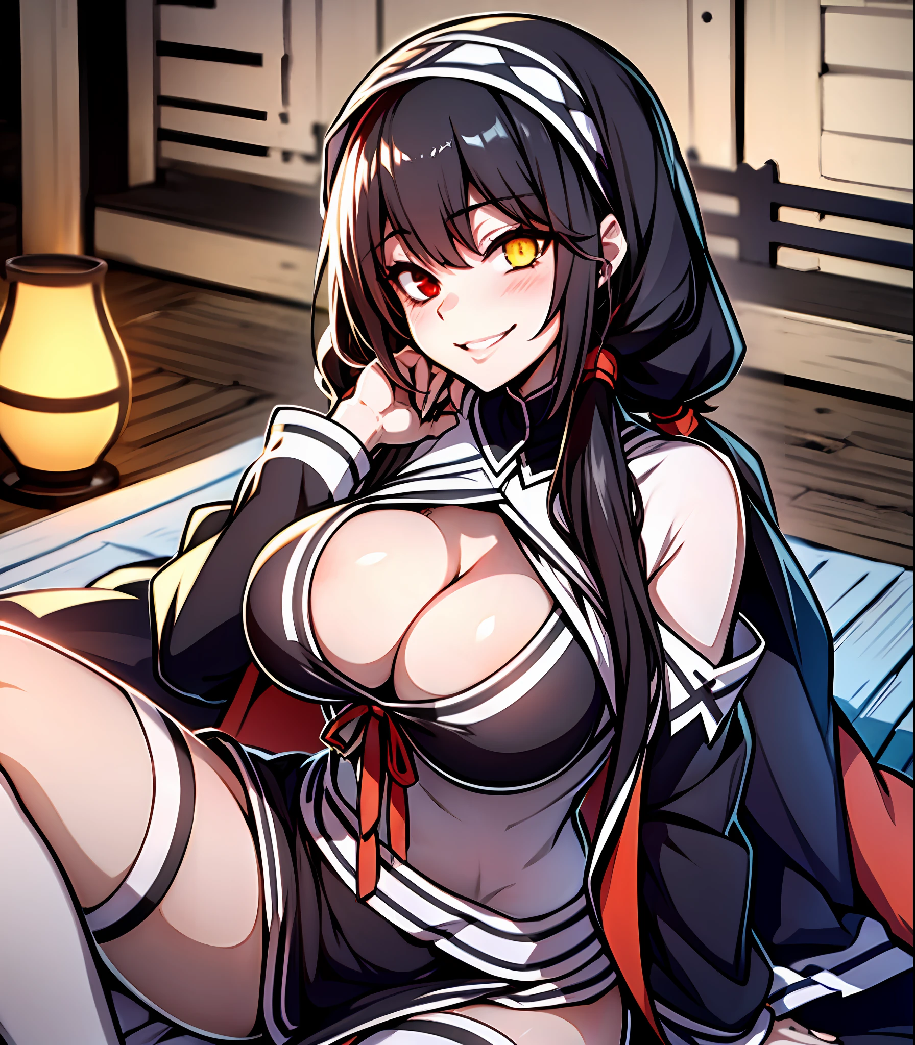 Masterpiece, high quality, ultra quality, best lighting, 1girl, ((tokisaki kurumi)), long hair, black hair, (((low twintails))), monochrome, ((right red eye:1, left yellow eye:1)), nun, ((nun cosplay)), ((big breast)), ((big thigh)), smile, blush, cute face, ((gesugao face)), sitting, sexy body, sexy, looking at viewer, large the breast, nsfw, in the beach, ((beach))