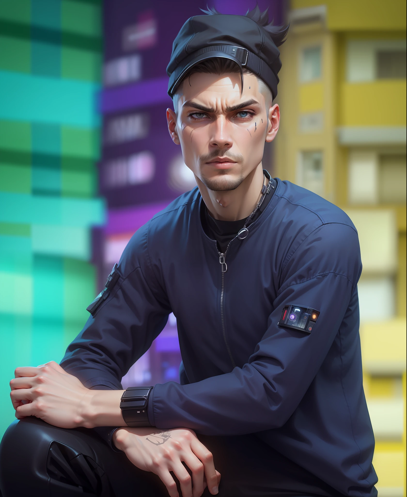 cyberpunk criminal look, background in city with car