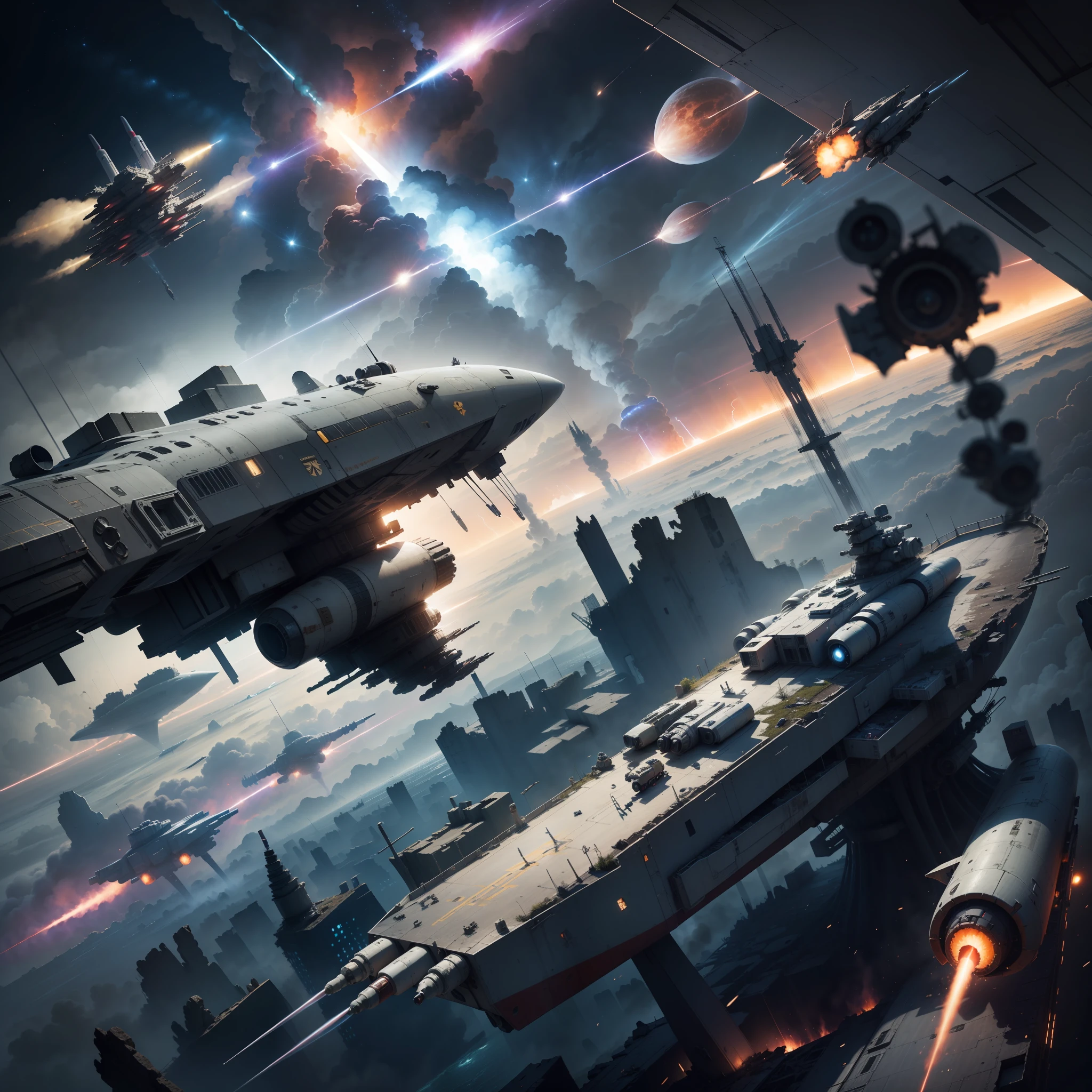 A hundred space warships broke out in the air,Missiles were launched from battleships,Ruins of a city at war,Rusty scrapped mech,Dark tones