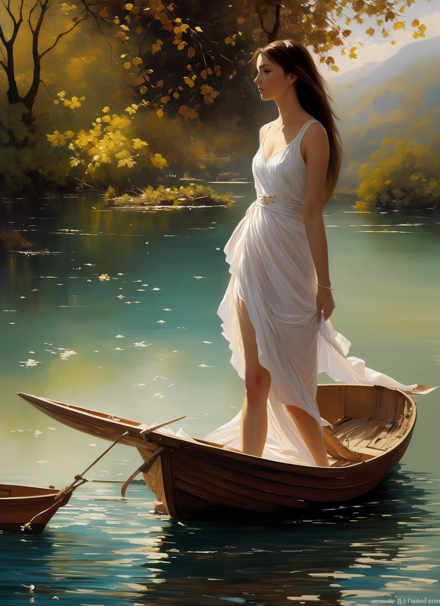 painting of a woman in a white dress standing on a boat, volegov, vladimir volegov, beautiful painting, elegant oil painting, painting vladimir volegov, romantic painting, danile gerhartz, by Ji Sheng, beautiful oil painting, by Zhou Chen, painting of beautiful, by Enrique Simonet, she is walking on a river