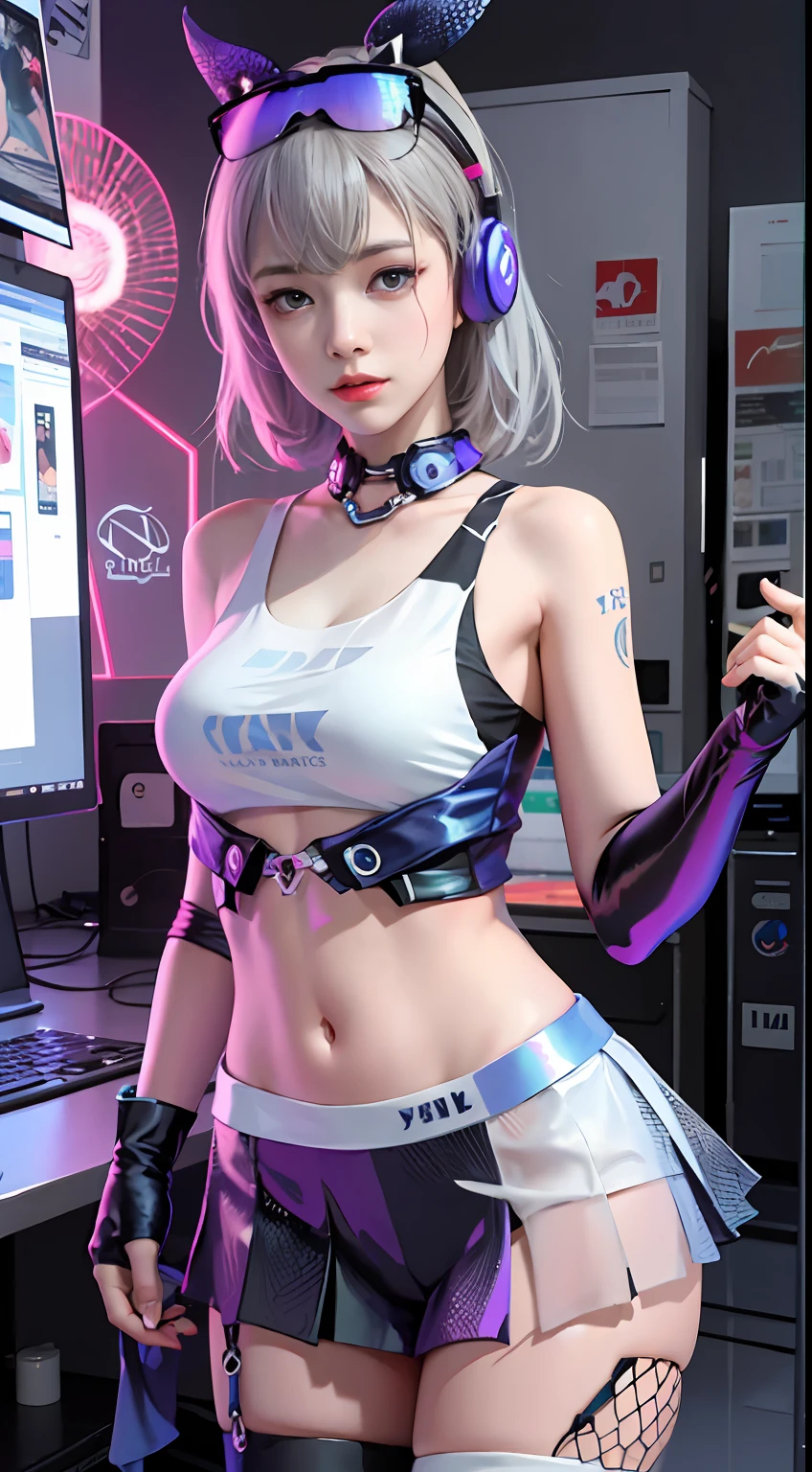 （（（（7 avatar shots）））），Silver Wolf，tmasterpiece，best qualtiy，ultra - detailed，Extremely detailed 16k CG wallpaper，beauitful face，（Silver wolves in an esports room），（Perfect Beautiful Curved Figure），sitted，Rainbow Color Jewel Eyes，Wearing a resin holographic sports bra，A crop top drapes，Mini pleated skirt，Bell collar，O logo，Impotence，outline light，concert，neonlight，audio，Bell collar，eSports headphones，Computer，E-sports room，playing game，White interior through red skin，holographic projections，Flat sphere，Graffiti logo，Highly detailed tattoos_，best qualtiy，ultra - detailed，Extremely detailed 16k CG wallpaper