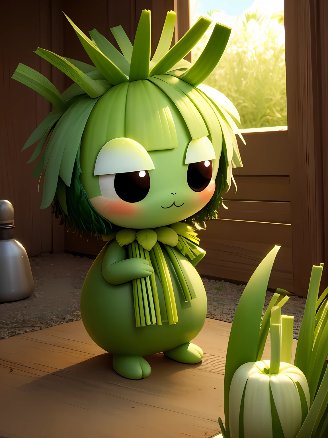 A cute leek monster,The head is covered with leeks