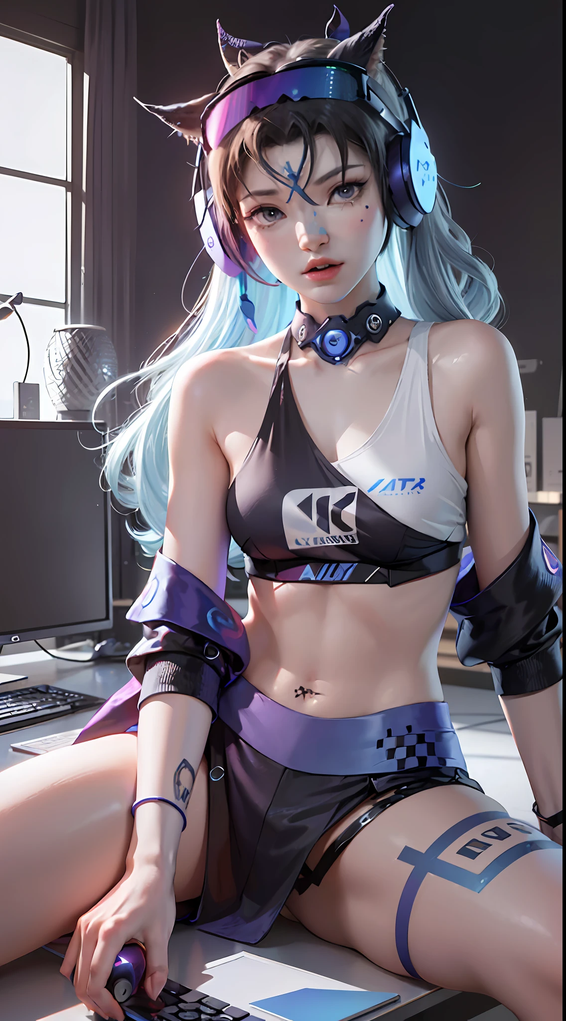 (((((7 avatar shot)))), Silver Wolf, Masterpiece, Best Quality, Ultra Detailed, Extremely Detailed 16k CG Wallpaper, Beautiful Face, (Silver Wolf in Esports Room), (Perfect Beautiful Curved Figure), Seated, Rainbow Color Jewel Eyes, Wearing Resin Hologram Sports Bra, Crop Top Drape, Mini Pleated Skirt, Bell Collar, Logo, Impotence, Contour Light, Concert, Neon Sign, Audio, Bell Collar, Esports Headset, Computer, Esports Room, Play Games, White Interior Through Red Skin, holographic projection, flat sphere, graffiti logo, highly detailed tattoo_,
Authoring information