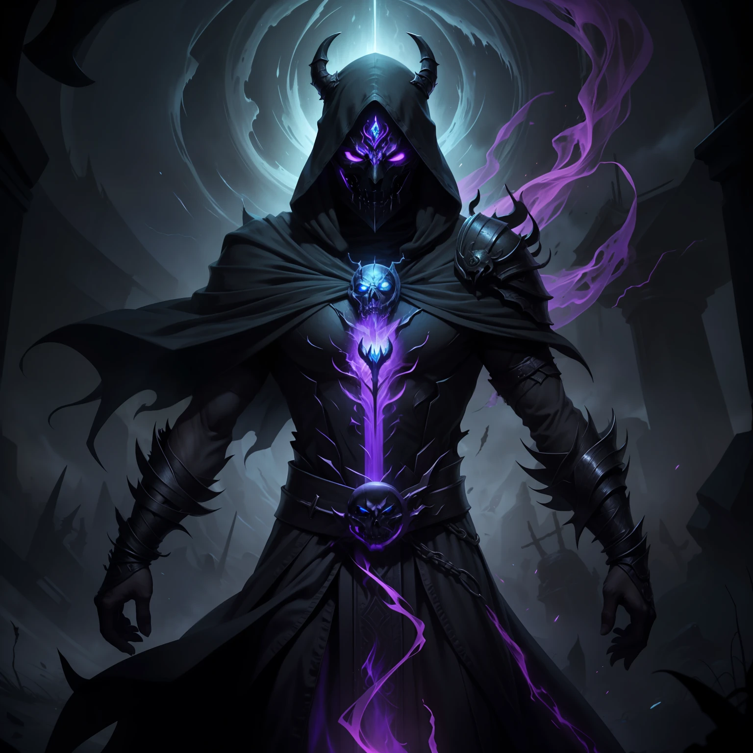 Veiled in darkness, the Necromancer stands tall, his face concealed by a haunting mask adorned with chilling symbols that echo his mastery over necromantic powers. The mask is a ghastly visage of death itself, ashen and emotionless, with hollow eye sockets that blaze with an intense purple glow. From these ethereal eyes, dark energy emanates, swirling like a tempestuous storm, a testament to the immense and ominous power that courses through him. His masked presence exudes an aura of icy malevolence, and a foreboding chill lingers in the air as he commands the very essence of the void. Wisps of purple energy coil around his outstretched hands, each flicker an ethereal dance that resonates with forbidden might. The glow casts haunting shadows on his robe, revealing sigils etched in the fabric that resonate with arcane forces. Though masked, the Necromancer's grim intentions are evident in every gesture. His icy grip on the purple energy symbolizes his control over life and death, an embodiment of a darkness that hungers for dominion over the mortal realm. The eerie glow from his mask and the vibrant purple energy intertwine, creating a haunting and mesmerizing sight, as he wields the necromantic forces with an enigmatic mastery that beckons both awe and trepidation. In this portrayal, the masked Necromancer stands as an enigmatic figure, a harbinger of doom and a conduit of dark power that ventures into the forbidden realm of the void.
