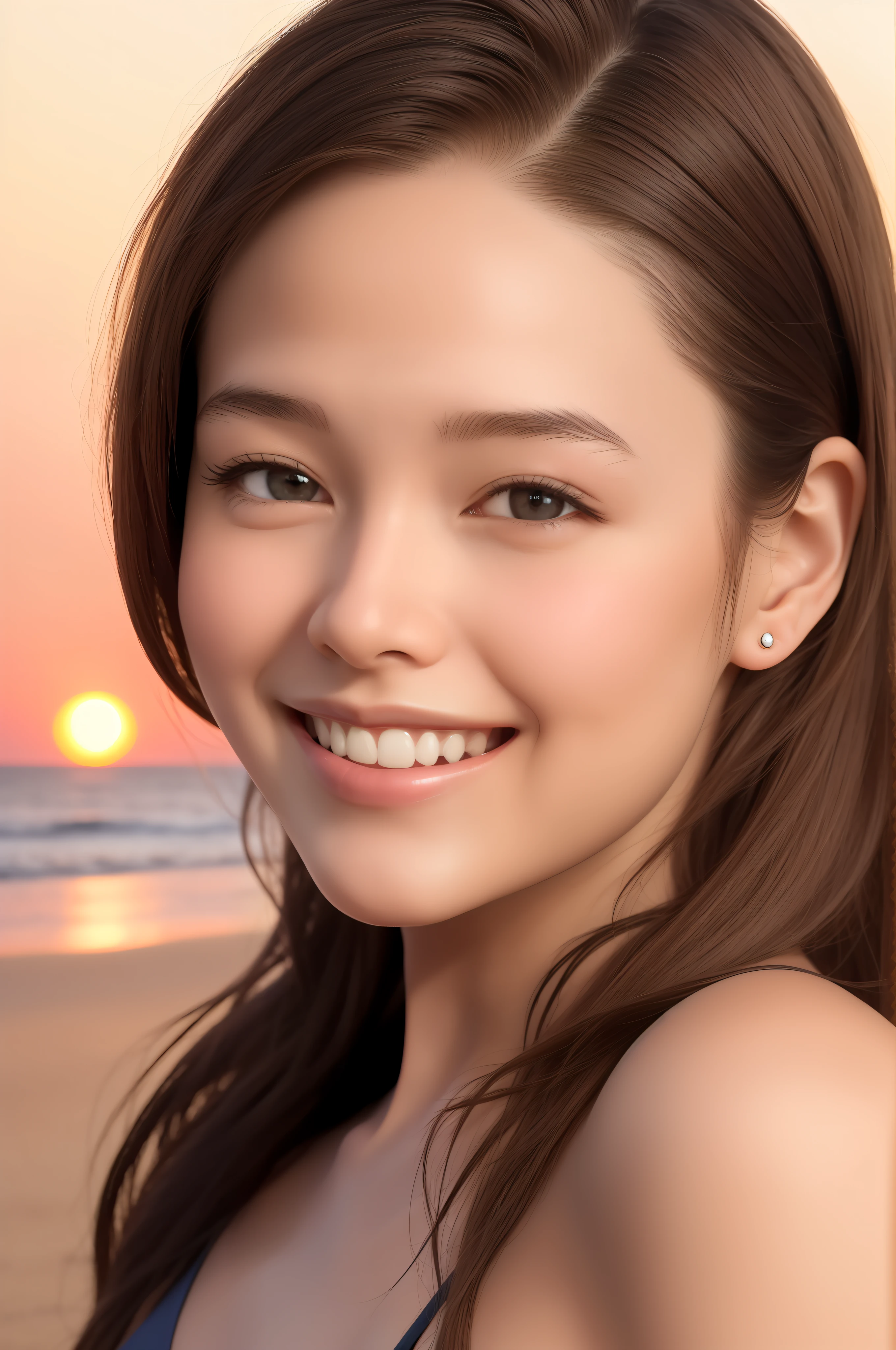 1 girl, standing, beach, sea, sunset, black bikini, very white skin, big  breasts, cute,  solo, (nose blush),(smile:1.7),(opened mouth) ,beautiful detailed eyes, (long brown hair:1.5),floating hair NovaFrogStyle, upper body, seaside, beach, (8k, best quality, masterpiece:1.5), (realistic, photo-realistic:1.37), ultra-detailed, --urp