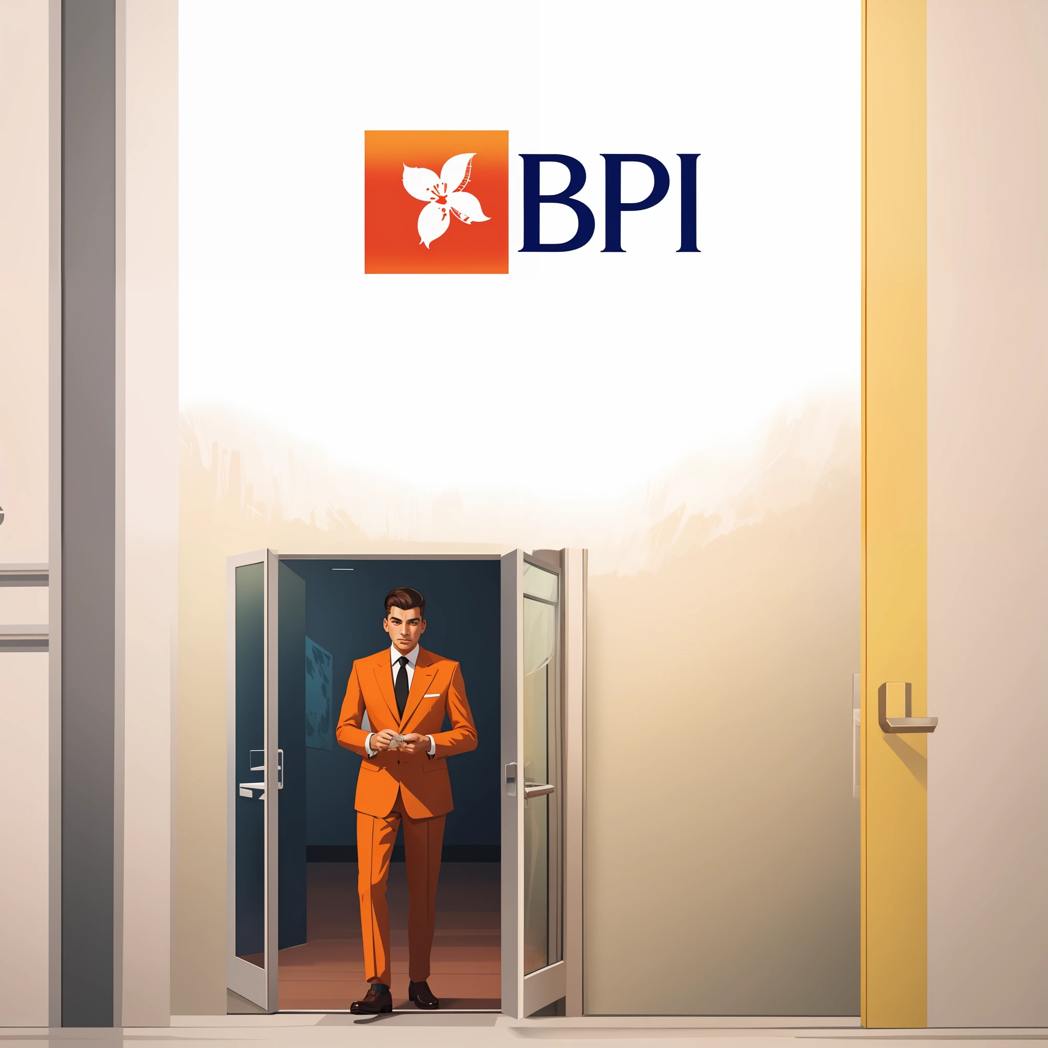 movie scene:[In europe, year 2030, in front of the glass access door to a branch of a modern bank,
[1 Doorman checking entrances], [in orange uniform], neatly combed
[3 very elegant customers making the entrance]], [wear elegant clothes in different colors], [trendy clothes for 2030], [we see several doors], highly detailed illustration.", vehicle illustration, cartoon style illustration, cartoon style, HD illustration, ultra detailed illustration, vector illustration, highly detailed hyper real, highly detailed illustration, high detail illustration, retro illustration, highly detailed cartoon, artistic illustration, highly detailed vector art, a beautiful art illustration