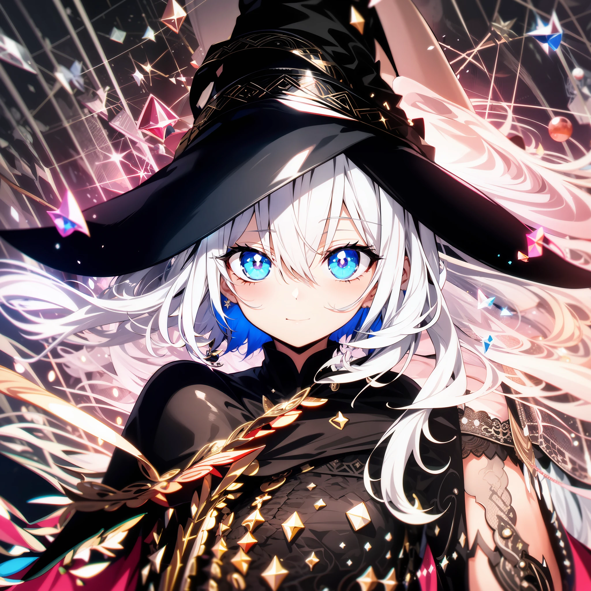 White hair, Short hair, Witch hat, Black cape, Blue pupils, Two-dimensional, High quality