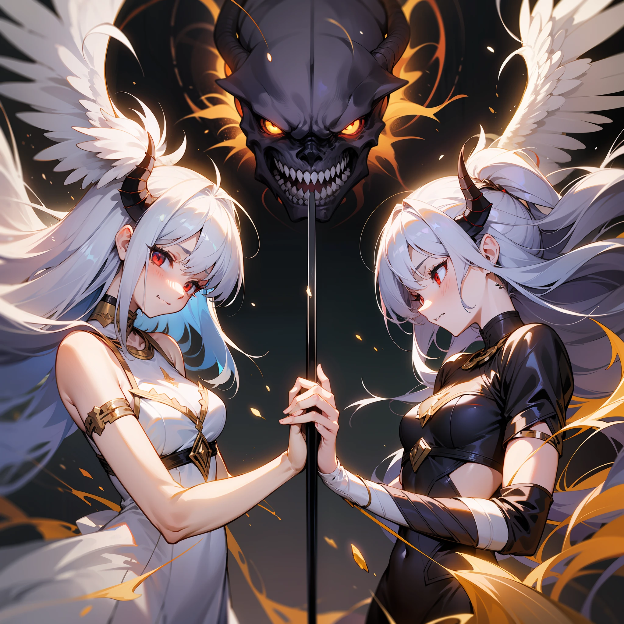 A radiant and benevolent angel with flowing golden wings, and a malevolent and sinister demon with fiery red eyes and sharp claws, stood face to face in a timeless battle of light versus darkness. The angel emanated an aura of purity and grace, while the demon exuded an aura of darkness and corruption. Their presence alone evoked feelings of awe and fear, as their conflicting energies clashed in a celestial dance.
The angel's ethereal beauty captivated all who beheld it, with its shimmering halo and gentle smile that radiated compassion and hope. Its soft, soothing voice could calm troubled souls and inspire greatness. On the other hand, the demon's grotesque appearance struck terror into the hearts of even the bravest souls. Its twisted horns and jagged fangs revealed its insidious nature, and its menacing growl sent shivers down the spines of those unfortunate enough to hear it.
As they faced each other, the angel wielded a gleaming sword of justice, its blade reflecting the purest light. It fought not out of aggression, but out of a sense of duty to protect the innocent and uphold righteousness. In contrast, the demon brandished a wicked scythe, its sharp edge dripping with dark energy. With every swing, it sought to sow chaos and discord, reveling in the pain and suffering it caused.
Despite their opposing natures, the angel and the demon shared a deep connection, bound by the universal balance of light and dark. They were two sides of the same coin, forever entwined in a cosmic dance of creation and destruction. Each knew that without the other, their existence would lose meaning.
In this eternal struggle, the world watched with bated breath, unsure of which force would prevail. Would the angel's unwavering faith and purity triumph over the demon's cunning and malice? Or would the demon's relentless pursuit of chaos and temptation overpower the angel's unwavering resolve?
Only time would tell as the battle raged on, leaving a mark on the world that w