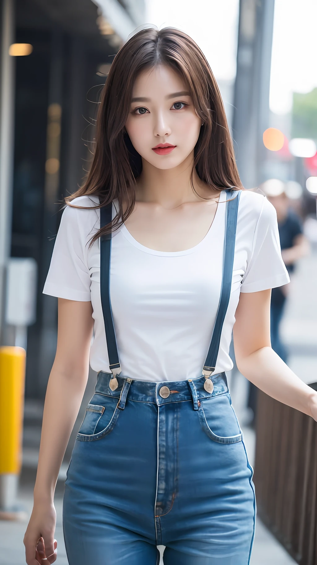 "(((perfect bodies，A long-legged beauty))), HD 8K quality, Amazing detail rendering, Dark brown smooth hair, White skinny T-shirt and denim suspenders, Female face true skin tone texture, Living eyes。"