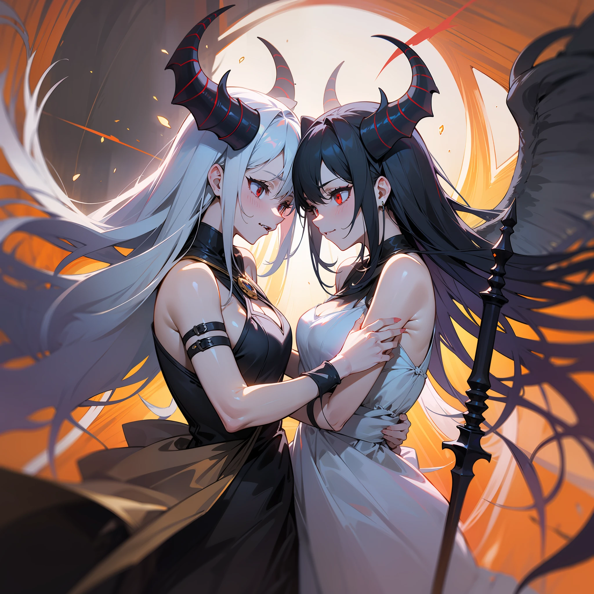 A radiant and benevolent angel with flowing golden wings, and a malevolent and sinister demon with fiery red eyes and sharp claws, stood face to face in a timeless battle of light versus darkness. The angel emanated an aura of purity and grace, while the demon exuded an aura of darkness and corruption. Their presence alone evoked feelings of awe and fear, as their conflicting energies clashed in a celestial dance.

The angel's ethereal beauty captivated all who beheld it, with its shimmering halo and gentle smile that radiated compassion and hope. Its soft, soothing voice could calm troubled souls and inspire greatness. On the other hand, the demon's grotesque appearance struck terror into the hearts of even the bravest souls. Its twisted horns and jagged fangs revealed its insidious nature, and its menacing growl sent shivers down the spines of those unfortunate enough to hear it.

As they faced each other, the angel wielded a gleaming sword of justice, its blade reflecting the purest light. It fought not out of aggression, but out of a sense of duty to protect the innocent and uphold righteousness. In contrast, the demon brandished a wicked scythe, its sharp edge dripping with dark energy. With every swing, it sought to sow chaos and discord, reveling in the pain and suffering it caused.

Despite their opposing natures, the angel and the demon shared a deep connection, bound by the universal balance of light and dark. They were two sides of the same coin, forever entwined in a cosmic dance of creation and destruction. Each knew that without the other, their existence would lose meaning.

In this eternal struggle, the world watched with bated breath, unsure of which force would prevail. Would the angel's unwavering faith and purity triumph over the demon's cunning and malice? Or would the demon's relentless pursuit of chaos and temptation overpower the angel's unwavering resolve?

Only time would tell as the battle raged on, leaving a mark on the world that w