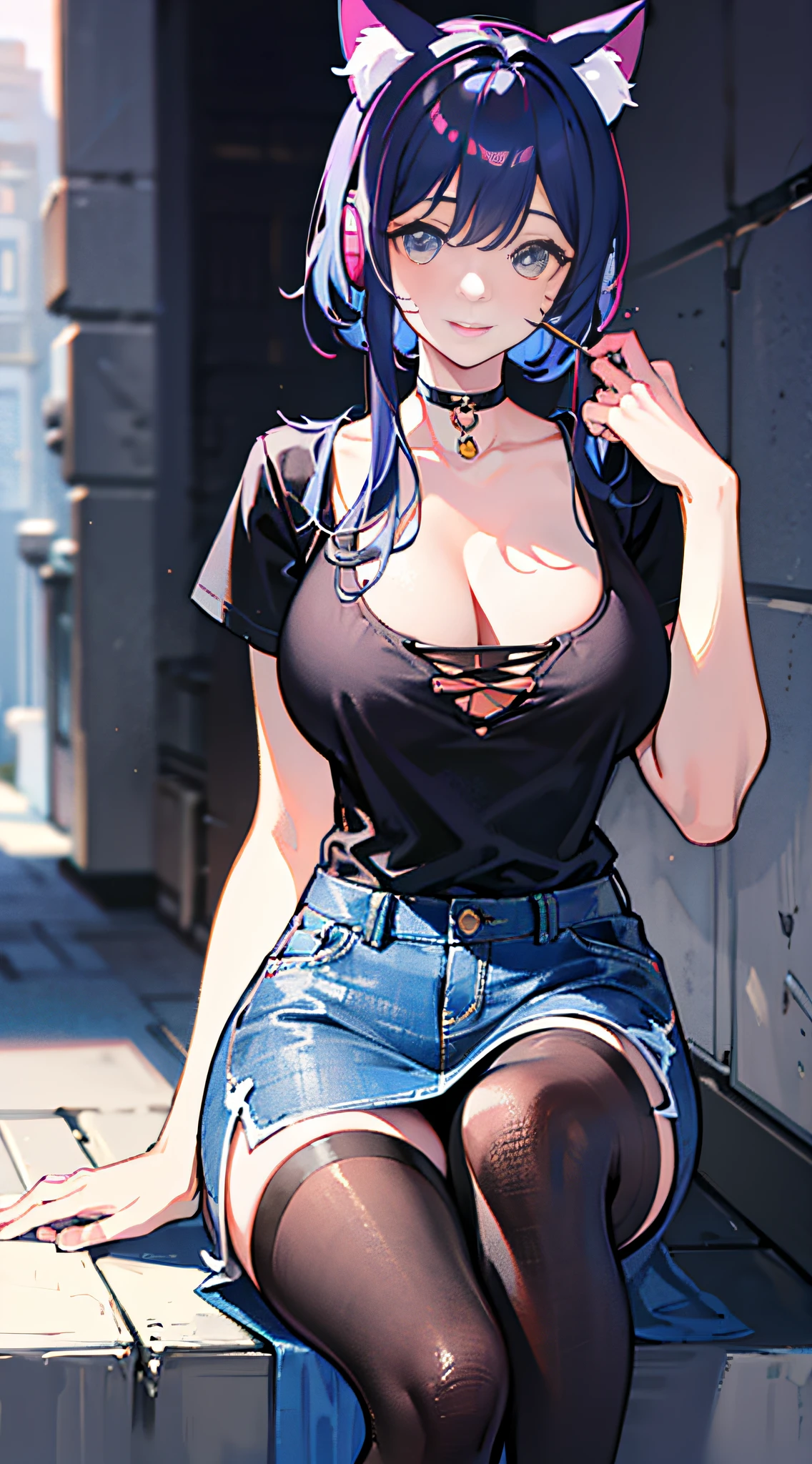 (8K,best qualtiy,tmasterpiece),超高分辨率,(realisticlying:1.4),one-girl,Black color hair,green pupills,ssmile,Leaning against the wall,Pink cat ear headphones,beauty breast,Holding a cat mask,(Loose white T-shirt,Slit denim skirt:1.6),lollipop,the city street,Particle effect,realisticlying,extremely higly detailed,Extremely fine,Beautuful Women,Collar,black lence stockings,full bodyesbian,Sitting on the steps,realisticlying,focus-on,A detailed,ultra - detailed