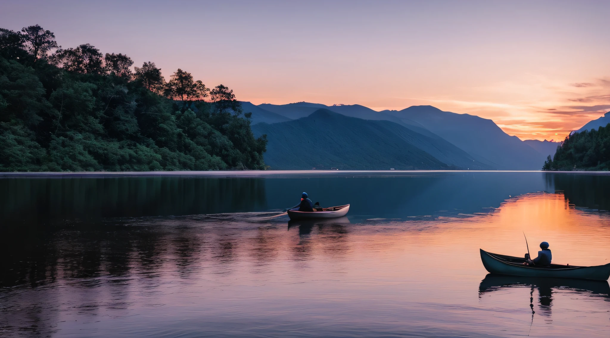 late sunset, There was a man on the boat on the water, portrait shooting, canoe, As night fell, fisherman, photo shot, on the calm surface of the lake, dusk setting, treading on calm water, At sunrise, A mystical environment, the sunset, photo still of, Beautiful photo, during sunrise, phot, calm evening, tranquillity, high-quality photo, chiaroscuro, cinematic lighting, Fujicolor, UHD, retina, masterpiece, ccurate, anatomically correct, super detail, high details, high quality, highres, best quality, award winning, 8k --auto